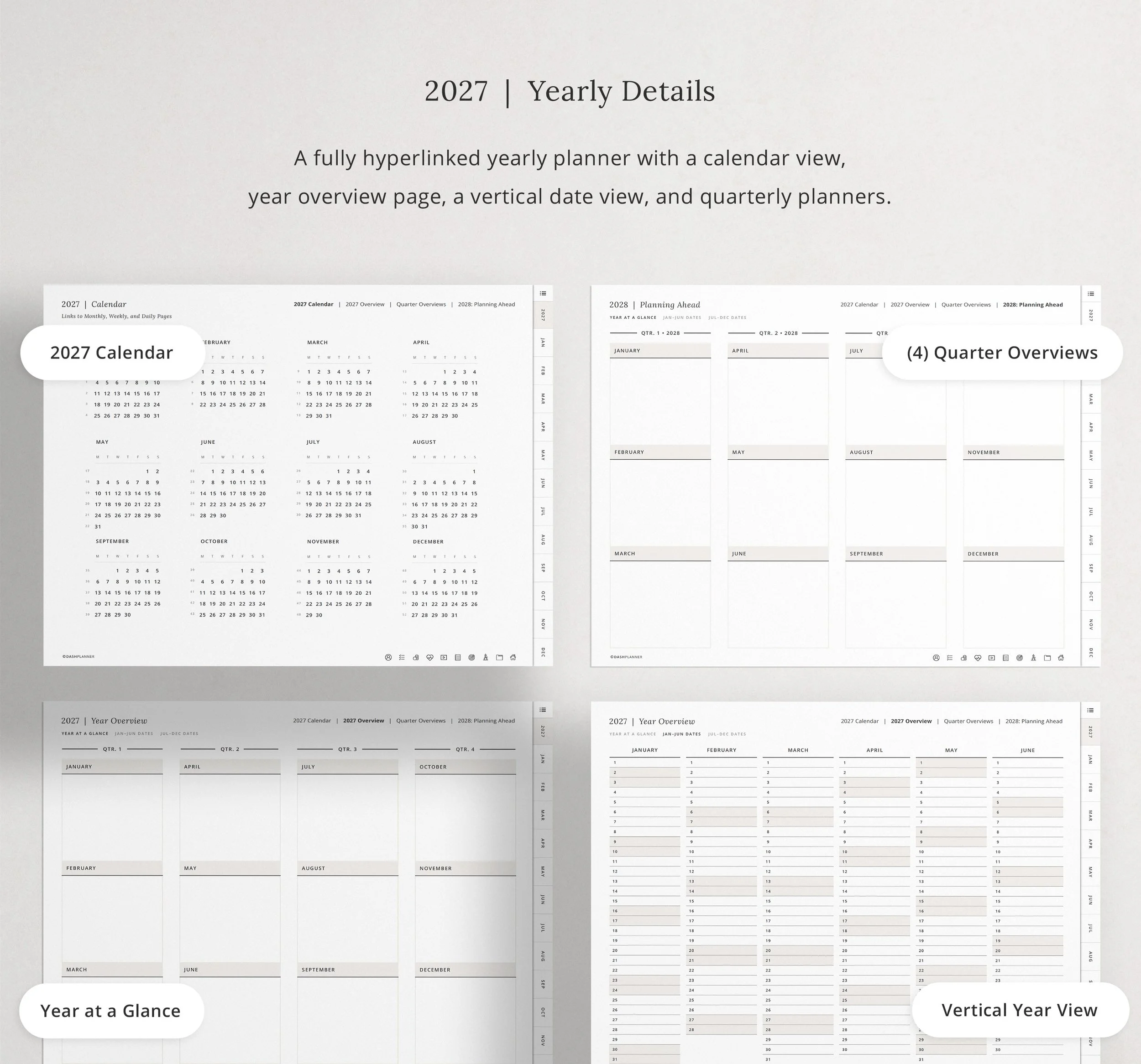 Hyperlinked 2027 yearly planner pages: full-year calendar, year at a glance, four quarter overviews, and a vertical year view for tracking dates. (Copy)