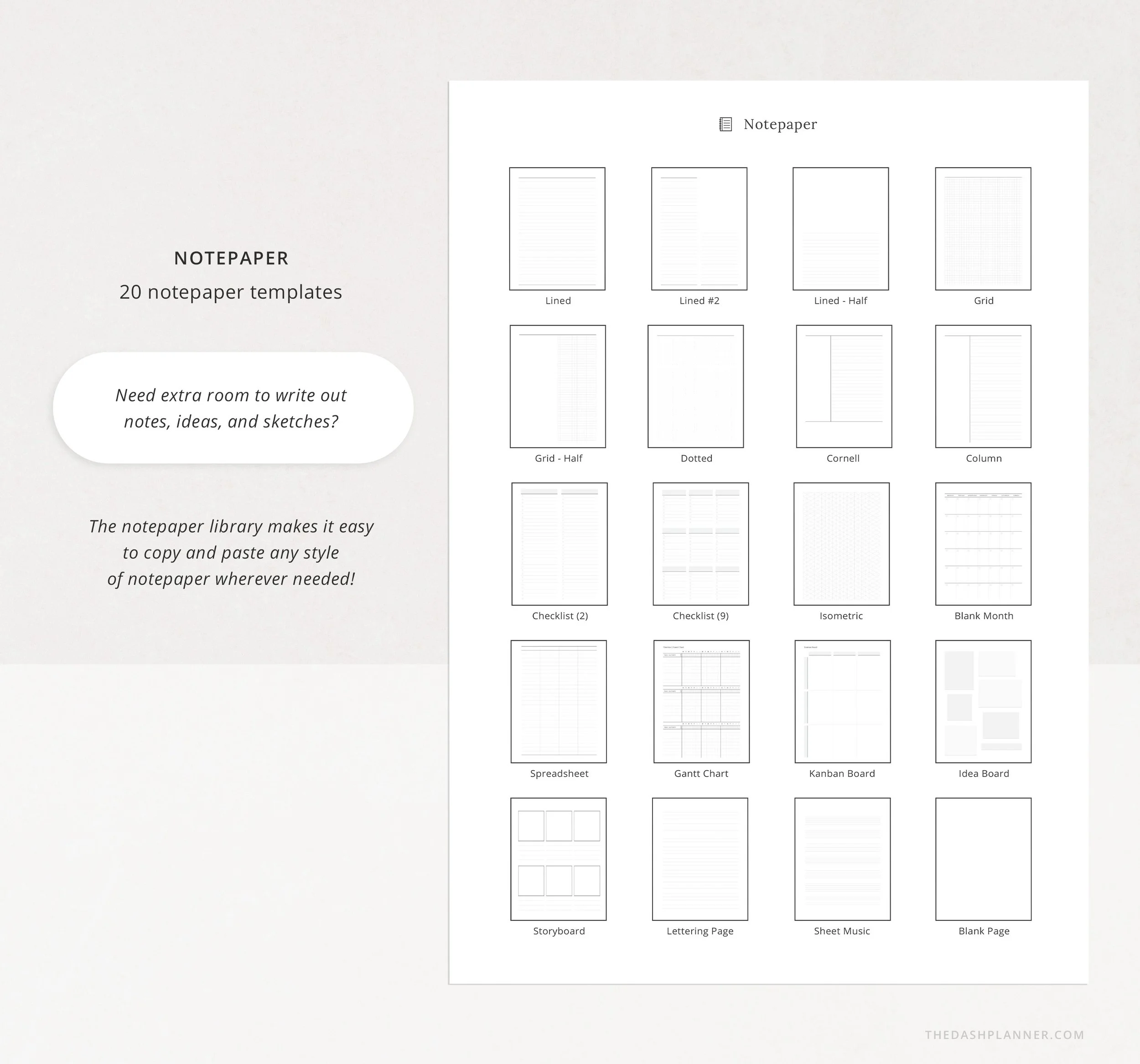 20 digital notepaper templates including lined, grid, dotted, Cornell, checklist, isometric, Gantt chart, Kanban board, storyboard, and sheet music. (Copy)