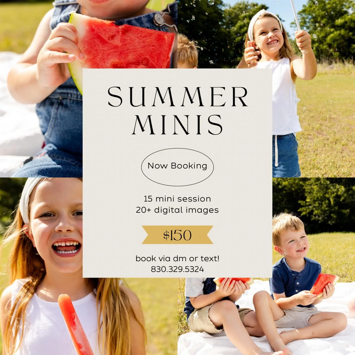 A playful, simple chance to capture your summer. Let&rsquo;s play, eat popsicles, and laugh! Bring whatever you want to include in your session - watermelon, bubbles, ice cream&hellip; it&rsquo;s all welcome! 

June 27 - starting at 5:30! 

Text or D