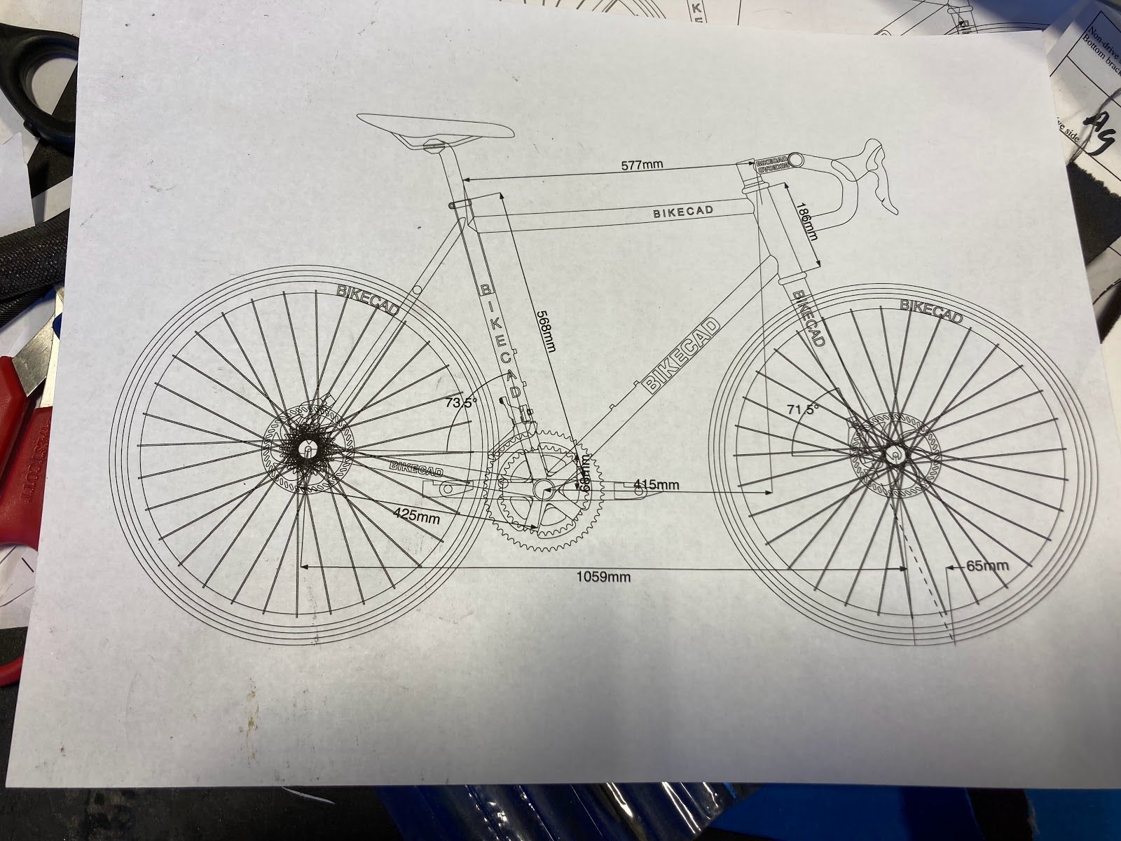  Some primary dimensions listed on final frame design from BikeCAD. 