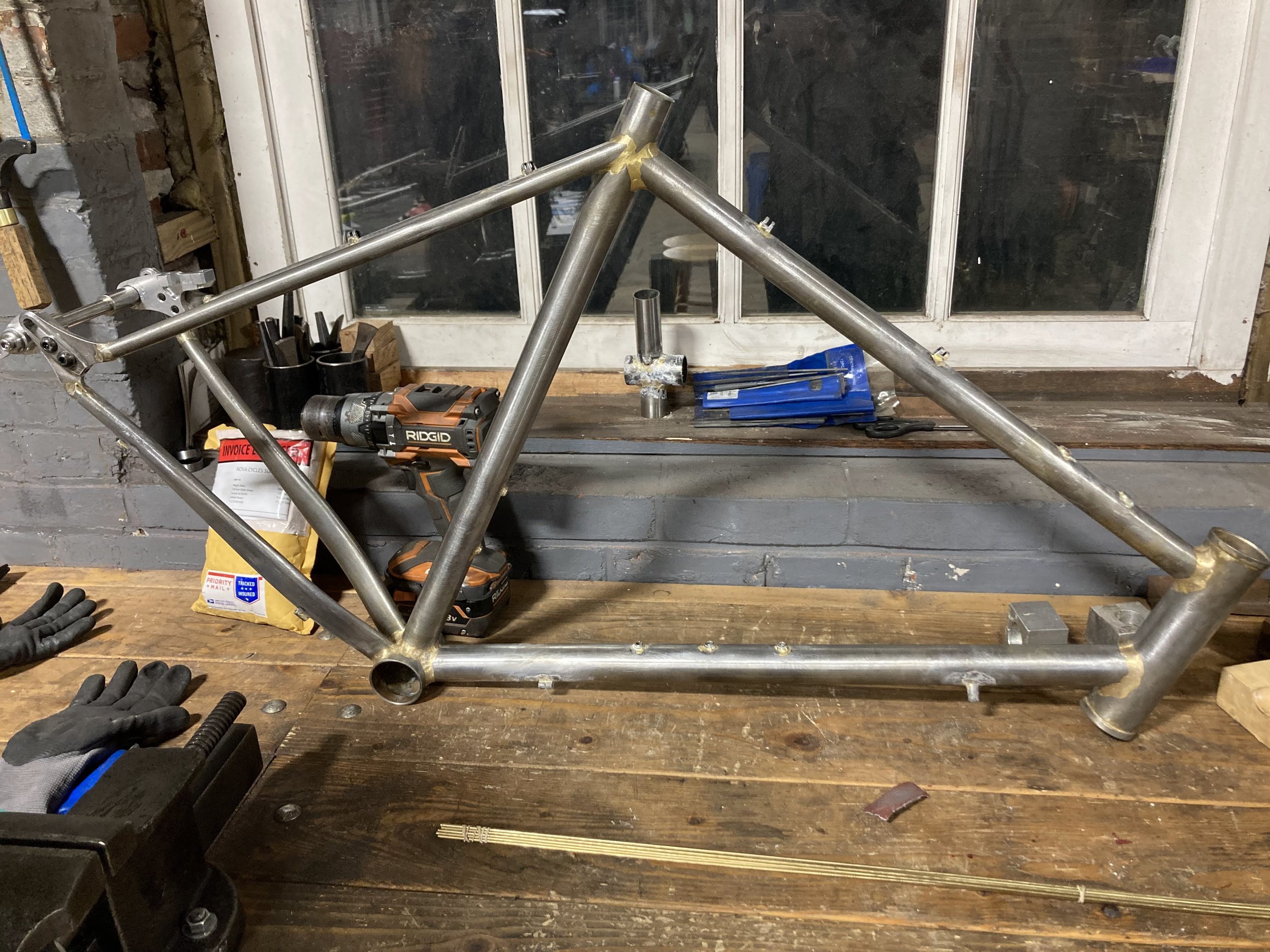  “Complete” frame, after brazing on cable guides and cage/bag mounts. 