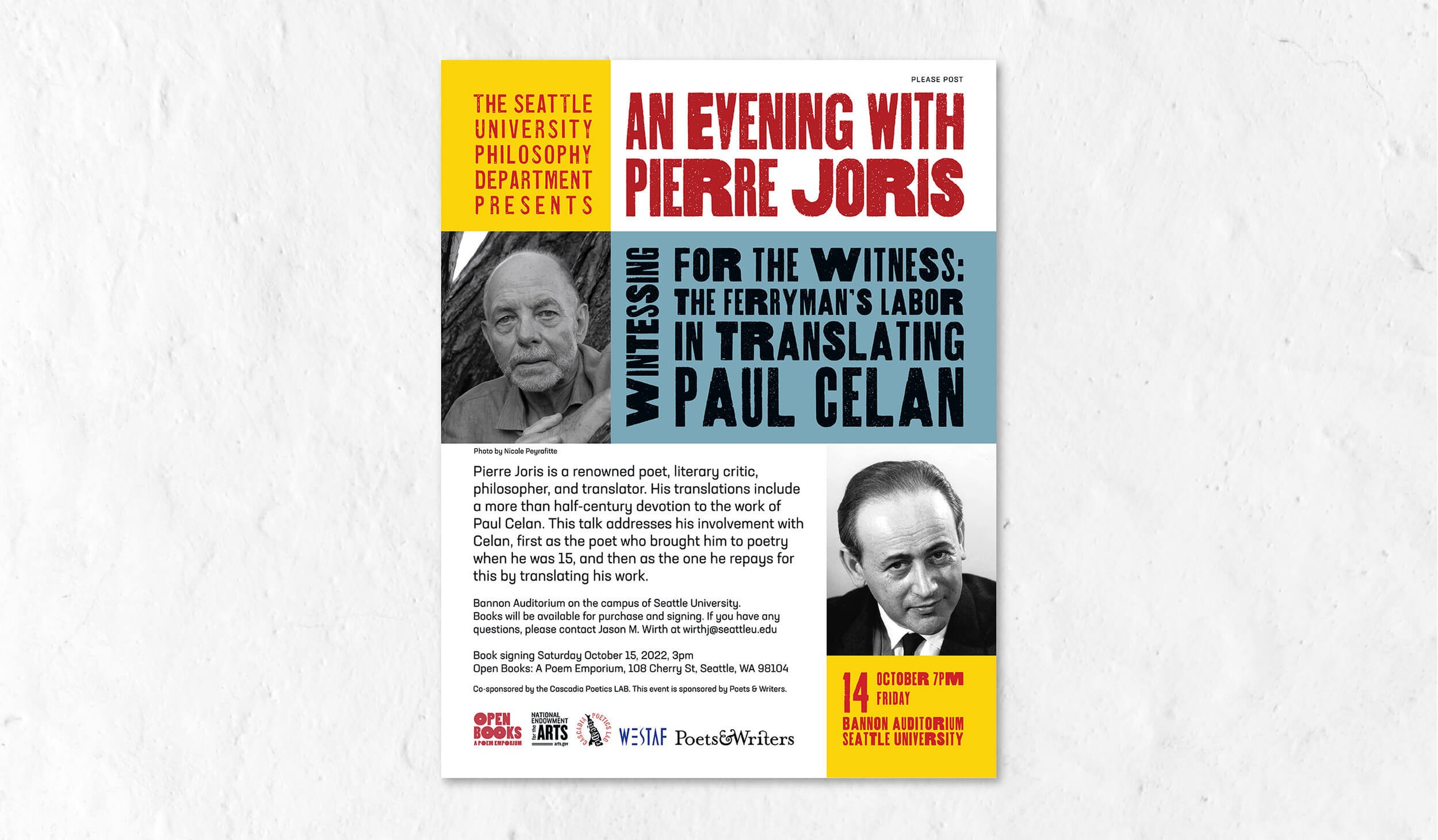 Flyer Design: An Evening With Pierre Joris – Witnessing for the Witness: The Ferryman’s Labor in Translating Paul Celan