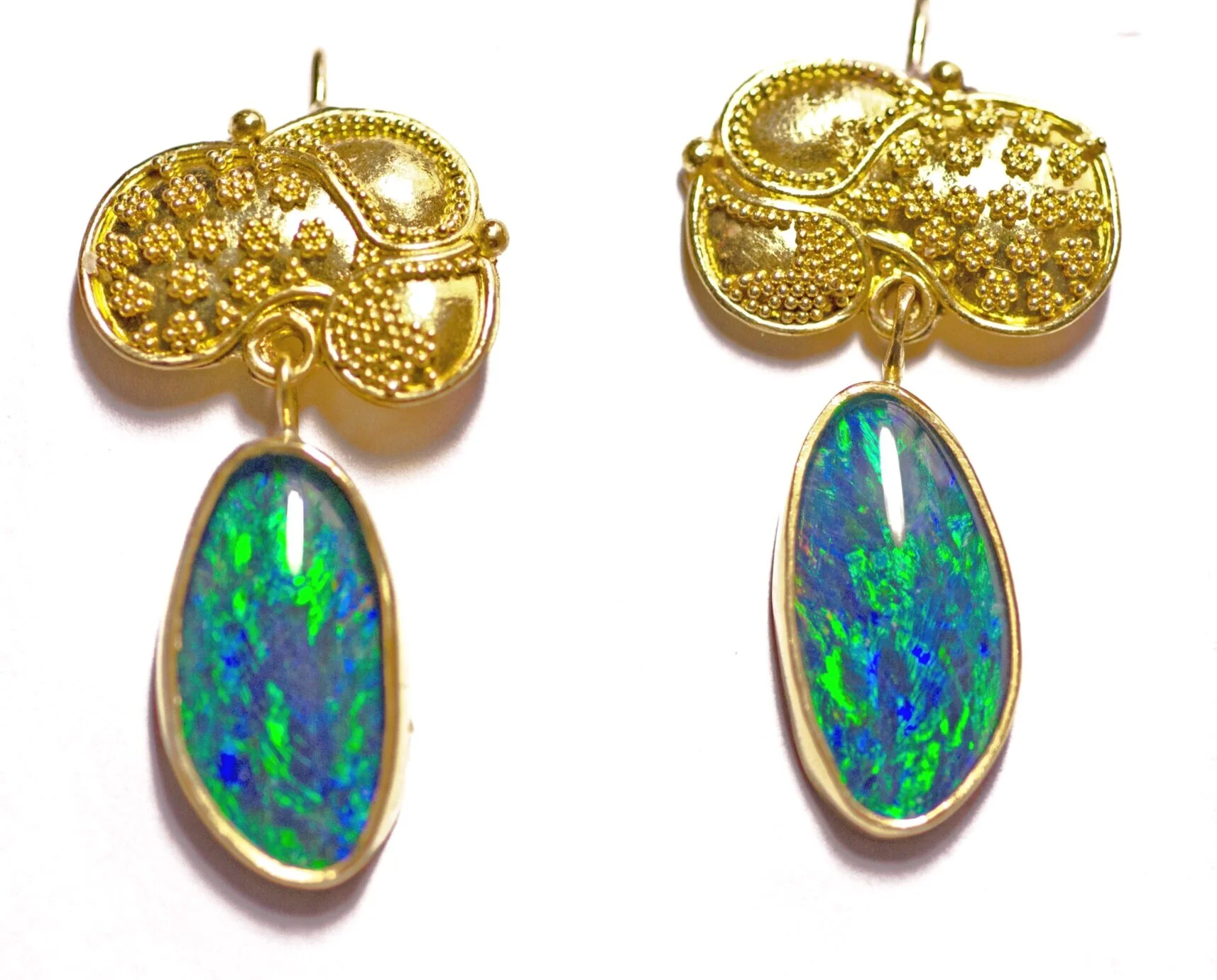 22k gold earrings with gold granules and fire opals.