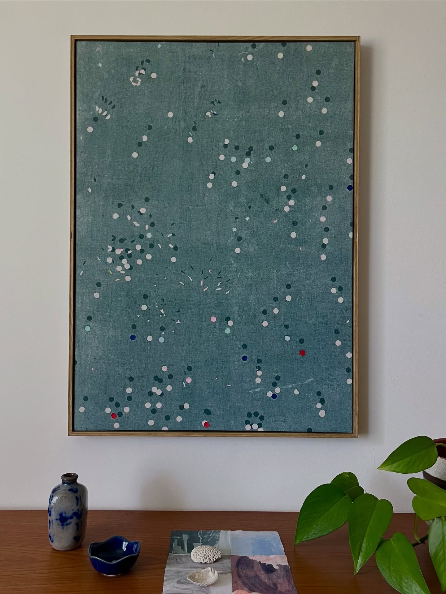Ellipsis

is a meditation on joy and the spaces in between. It&rsquo;s sea-toned surface is gently floating with dots, a constellation or a thought interrupted.

Original signed artwork by Amy Prior &amp; Carly Schwerdt

55cm x 75cm

Ink and paper on