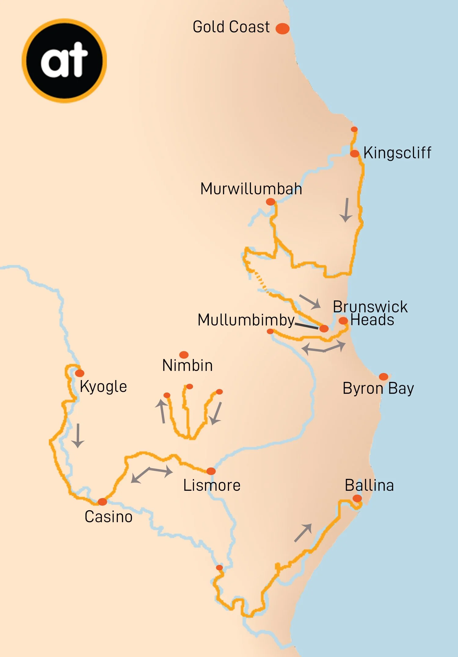 Map of Northern Rivers 9 day cycling tour