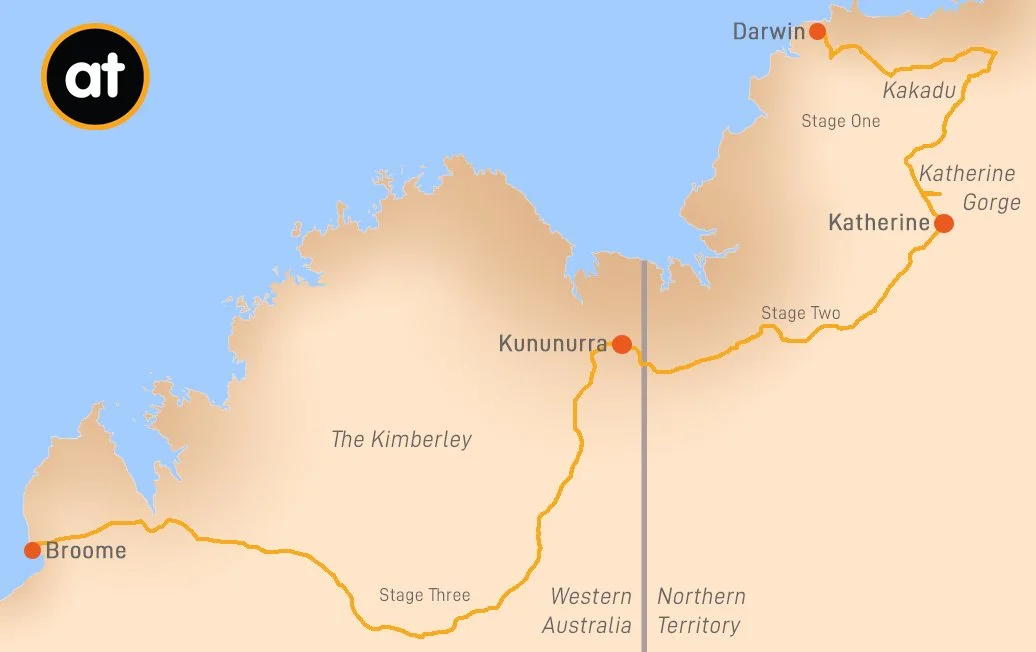 Darwin to Broome cycling tour route map through Kakadu, Katherine and the Kimberley