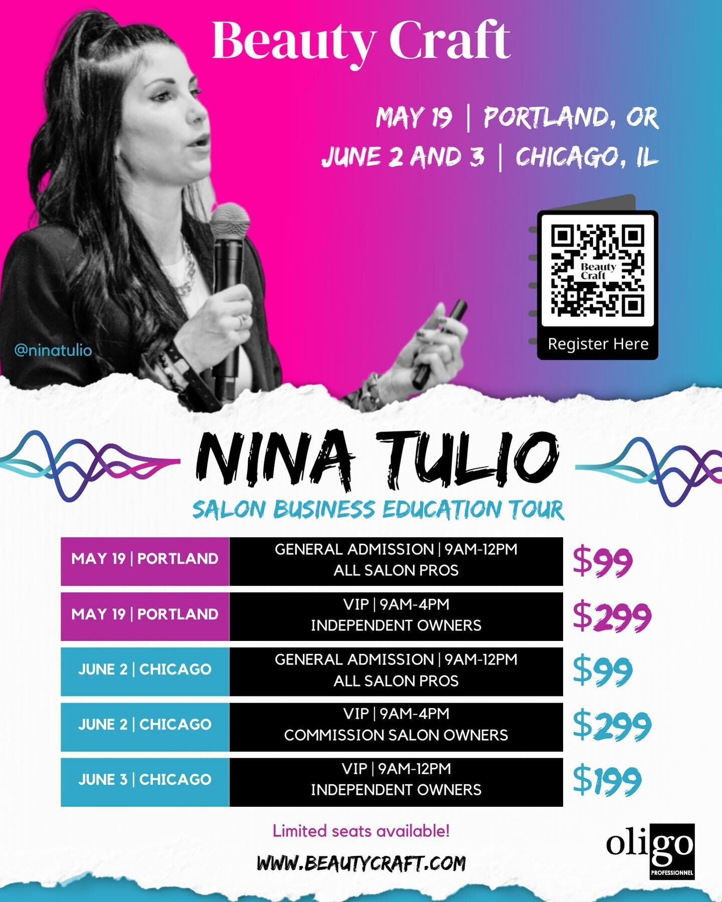 Salon business education tour 🤩 with @ninatulio 💖 

Nina x Beauty Craft x @oligopro bring you an unforgettable educational experience with Nina and all things salon business, profit, impact BTC and so much more!! 

‼️ Seats are limited! ‼️ 

Connec
