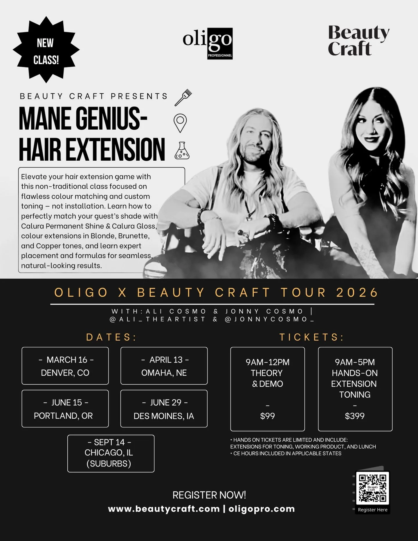 🎉 Mane Genius is on tour! 🎉

Beauty Craft x Oligo x @ali_theartist &amp; @jonnycosmo_ = the ultimate extension toning experience. No installs&mdash;just flawless color matching, custom formulas, and pro-level placement.

📍 March 16 &ndash; Denver,