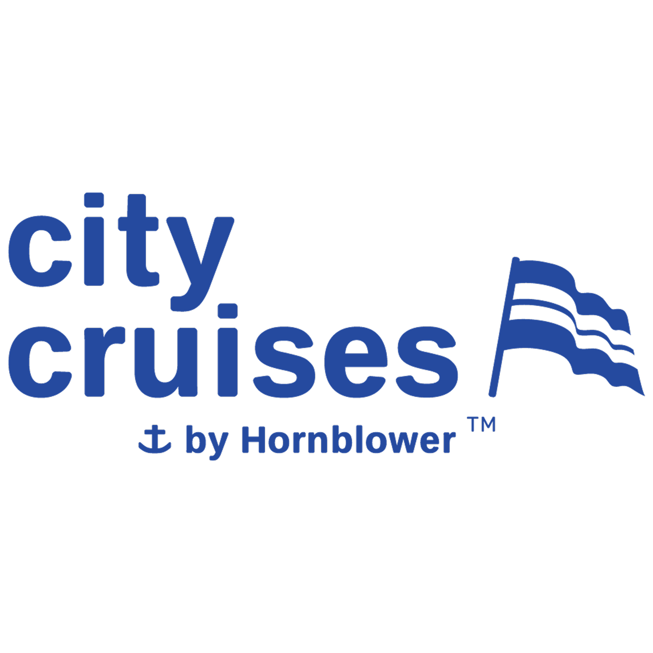 Logo for City Cruises by Hornblower with blue text and flags, including an anchor symbol.