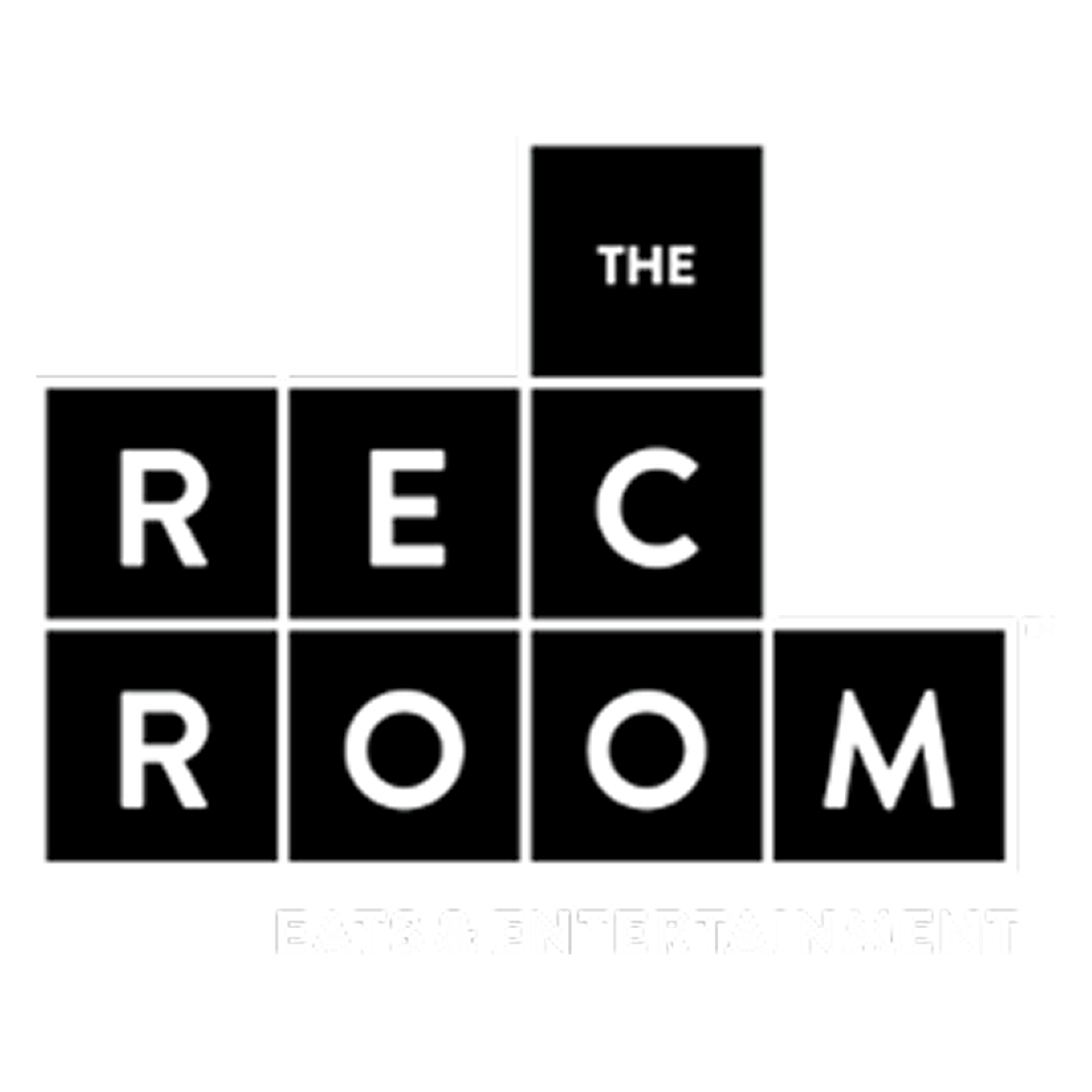 Logo for The Rec Room, featuring a crossword puzzle design with the words 'THE,' 'RE,' 'C,' and 'ROOM,' and the tagline 'EATS & ENTERTAINMENT' at the bottom.