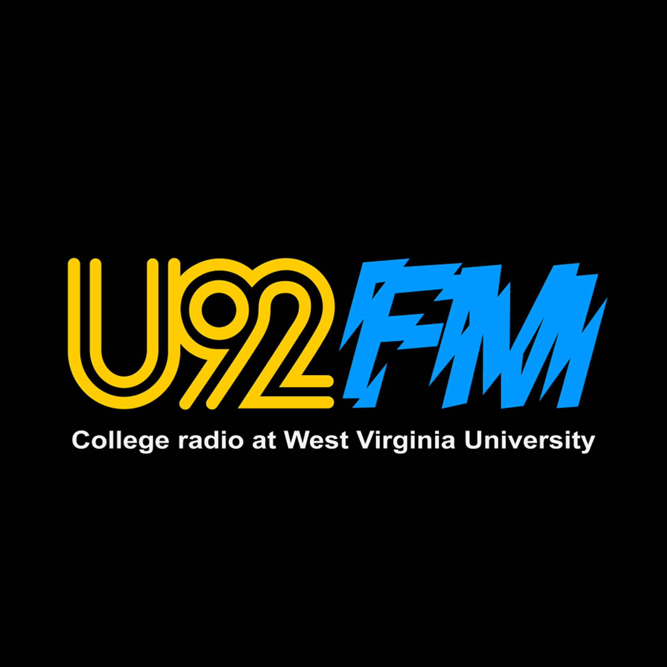 Logo for U92 FM, college radio station at West Virginia University, featuring yellow and blue stylized text on a black background.