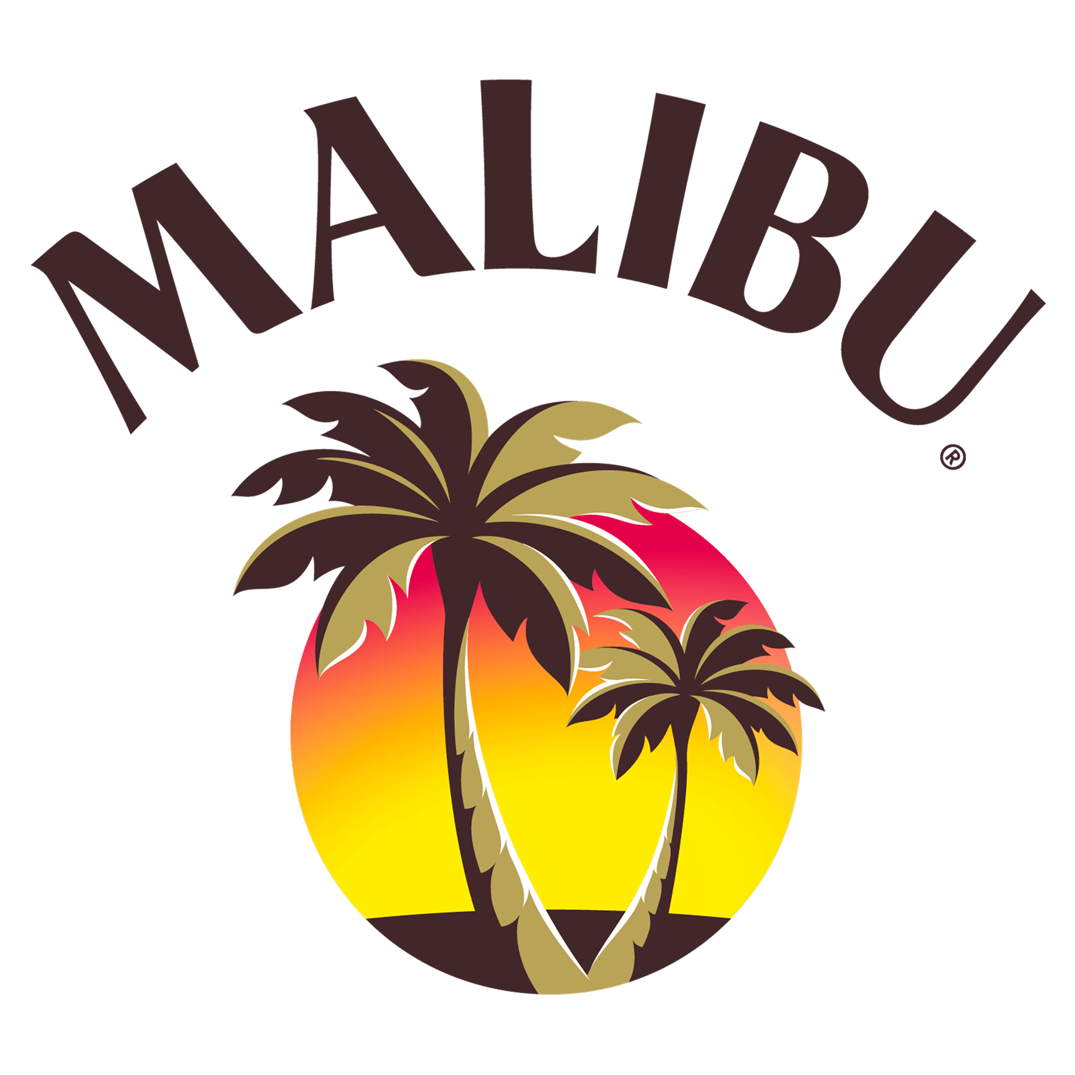 Malibu logo with stylized palm trees and sunset background