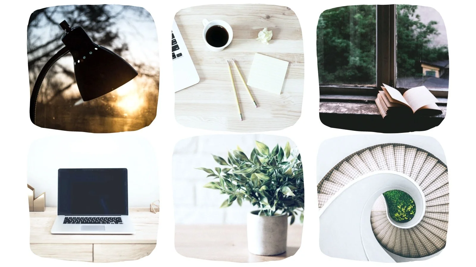 Photo collage of lamp, notepaper, book, laptop, pot plant and spiral staircase