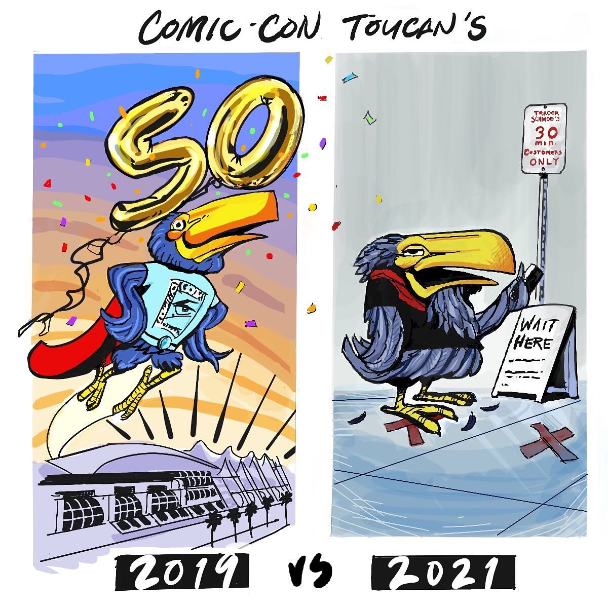 Comic strip of San Diego Comic-Con and its cartoony mascot...

#comiccontoucan #toucansofinstagram #sandiegocomiccon #tbt #funnydrawings #comicstripart #digitalillustration #happythursdayeveryone #mascotlife #procreatedrawing #funny #superheroart