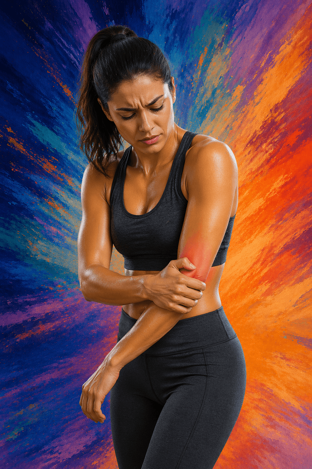 Athletic woman holding a painful elbow, representing acupuncture for tennis elbow pain relief and recovery
