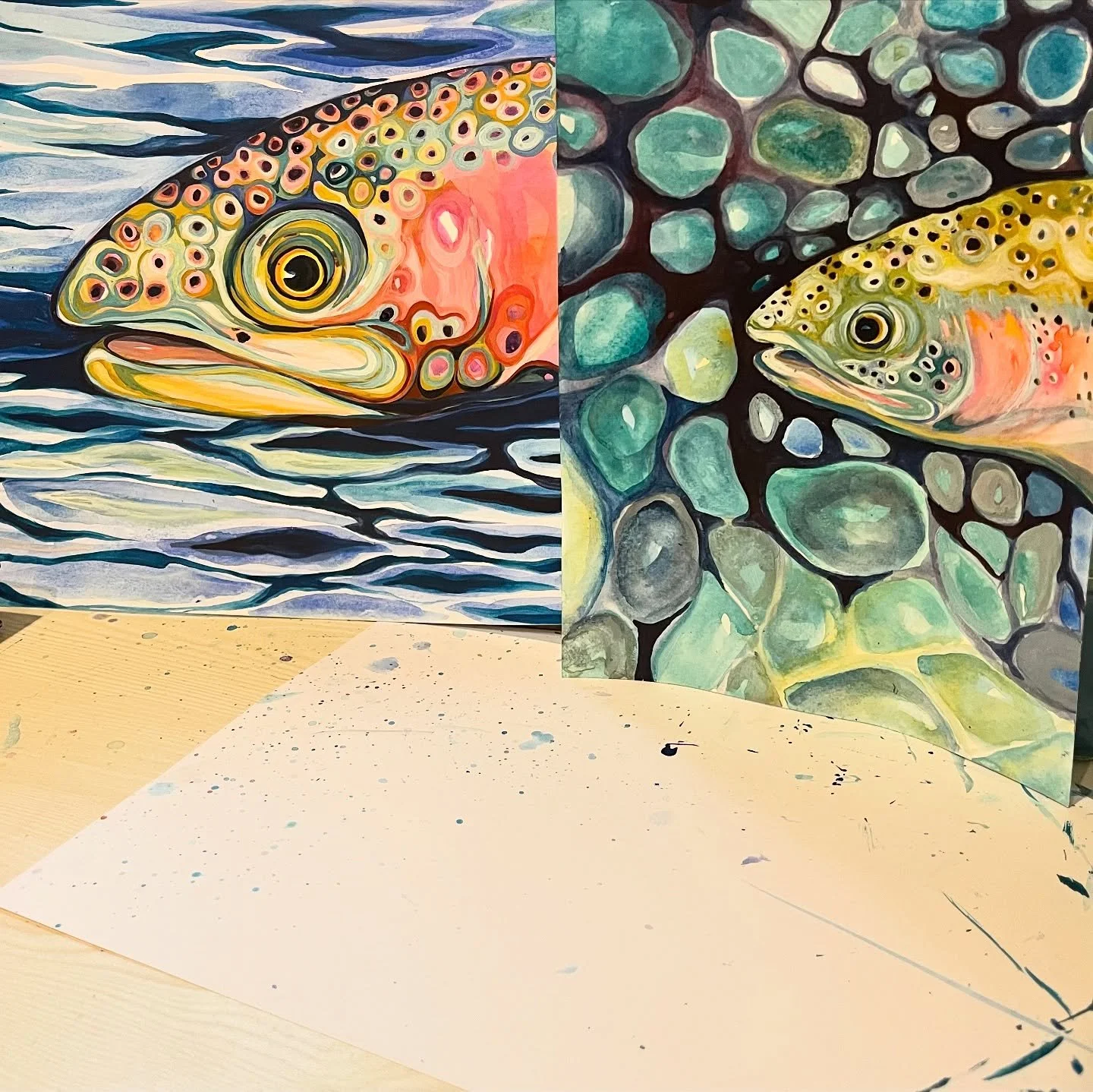 It always amazes me how working from a single photograph can end in two very different ways within two different paintings.  #troutpainting #vermontartist #burlingtonartist #experimentwithpaint