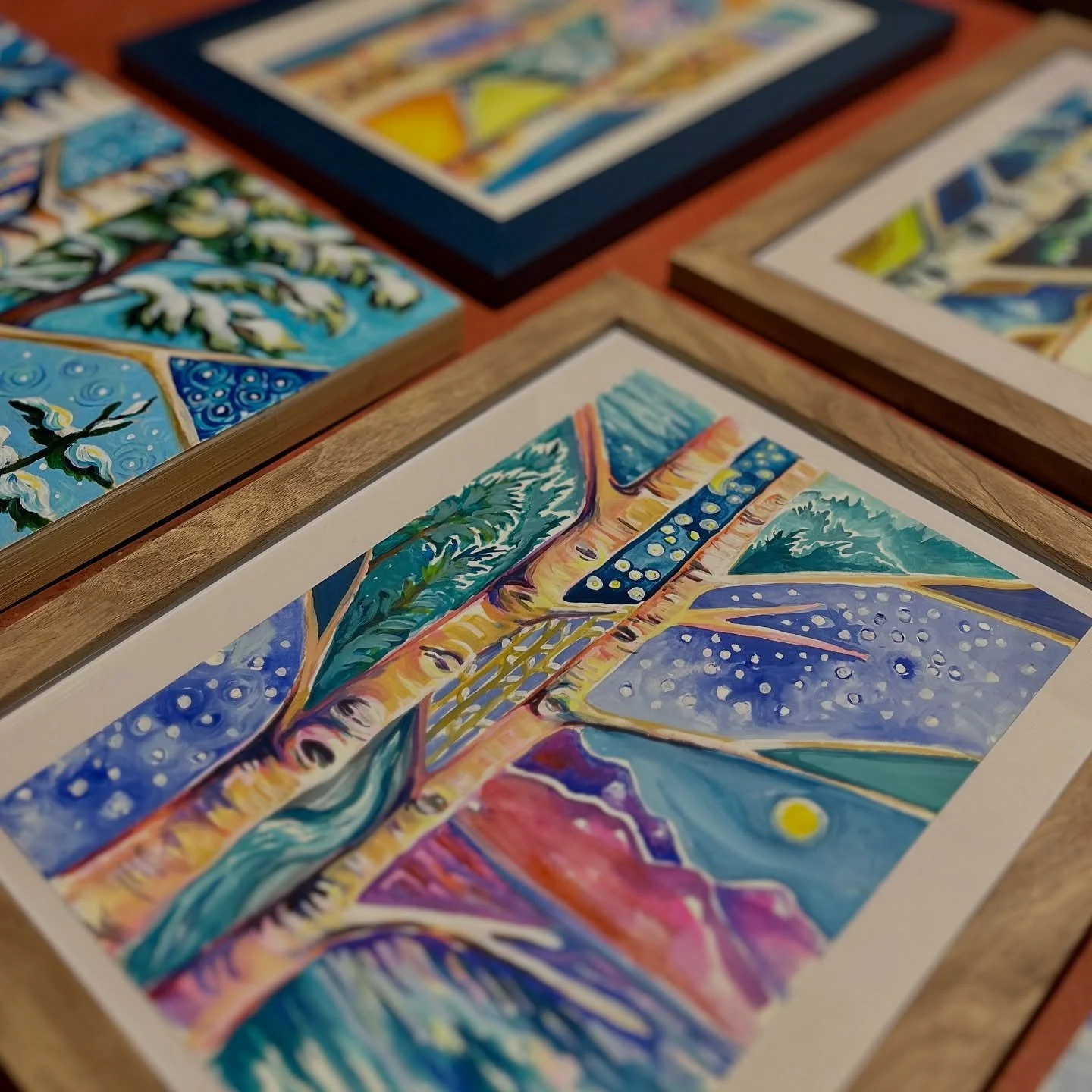 Placing paintings in frames, adding wires and labels to the back, it&rsquo;s beautiful day! I forgot how much I loved getting ready for an art show. These abstract birches will be making their debut. Thanks for making it possible @spacegalleryvt  #go