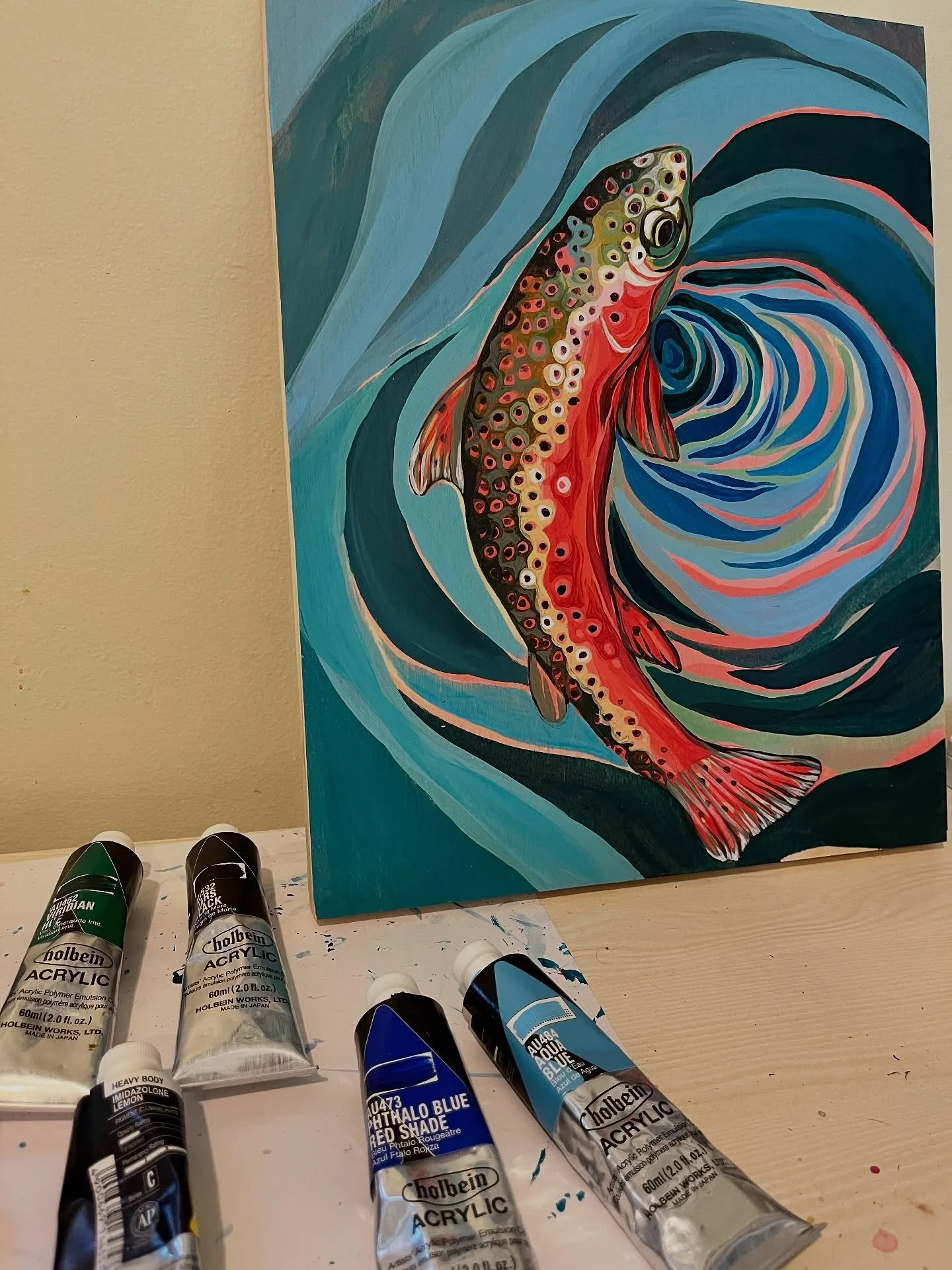 Adding some blues to this little rainbow 🌈. #acrylicpainting #holbeinacrylics #vtartist #burlingtonartist #rainbowtrout #rainbowtroutpainting