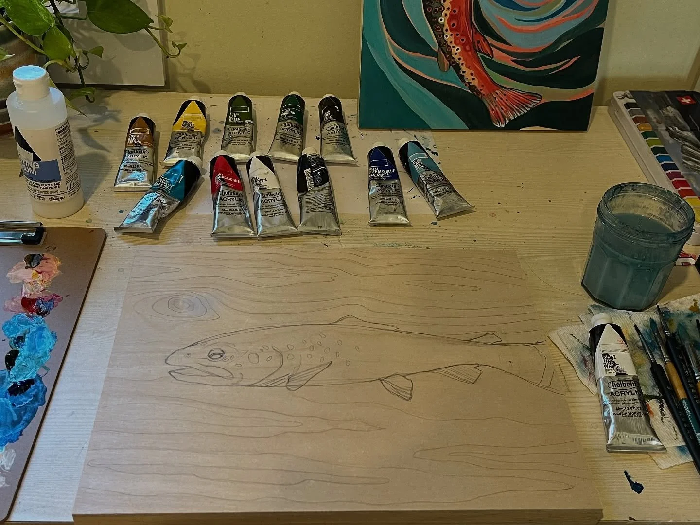 A quick sketch and under painting of a new rainbow 🌈  #rainbowtrout #rainbowtroutpainting #acrylicpainting #acryliconwood #underpainting #vtartist #burlingtonartist