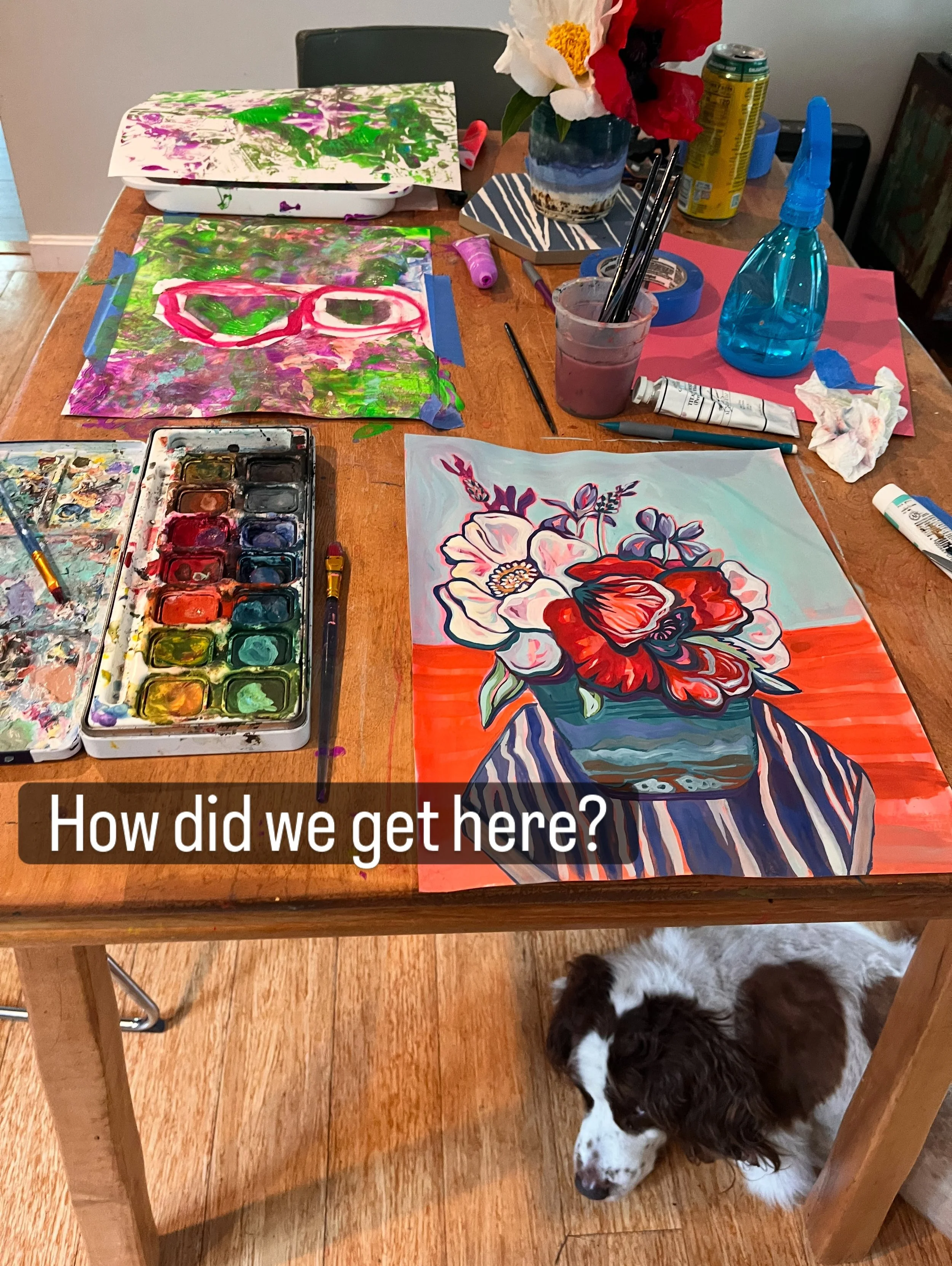 How did we get here? It started with flowers from our garden, a sketch and some paint. Creativity spread and more materials were added. Before we knew it, we were creating together. ❤️