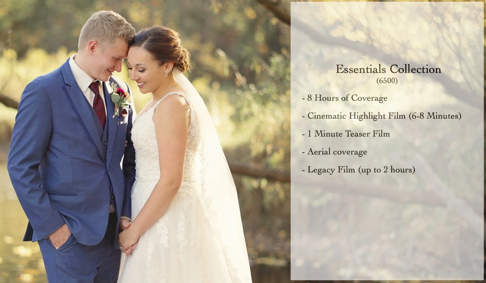 The Essentials Collection is our most popular package.&nbsp; Over the years we have found that 8 hours is the perfect amount of time to capture a wedding (We’re the kind of people that show up early and leave late so it really ends up being closer t…