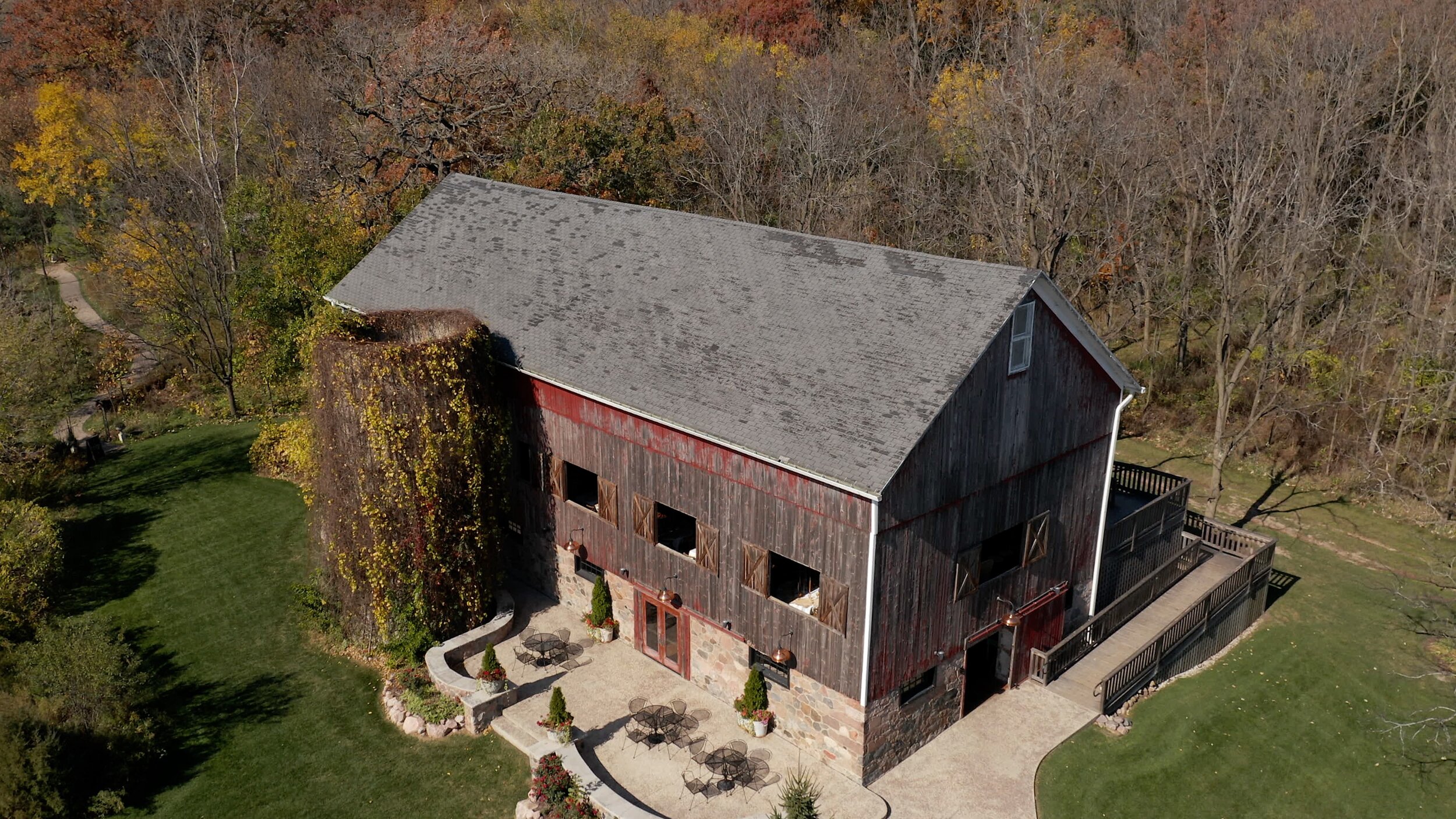 Aerial photo of The Farm at Dover wedding venue in fall