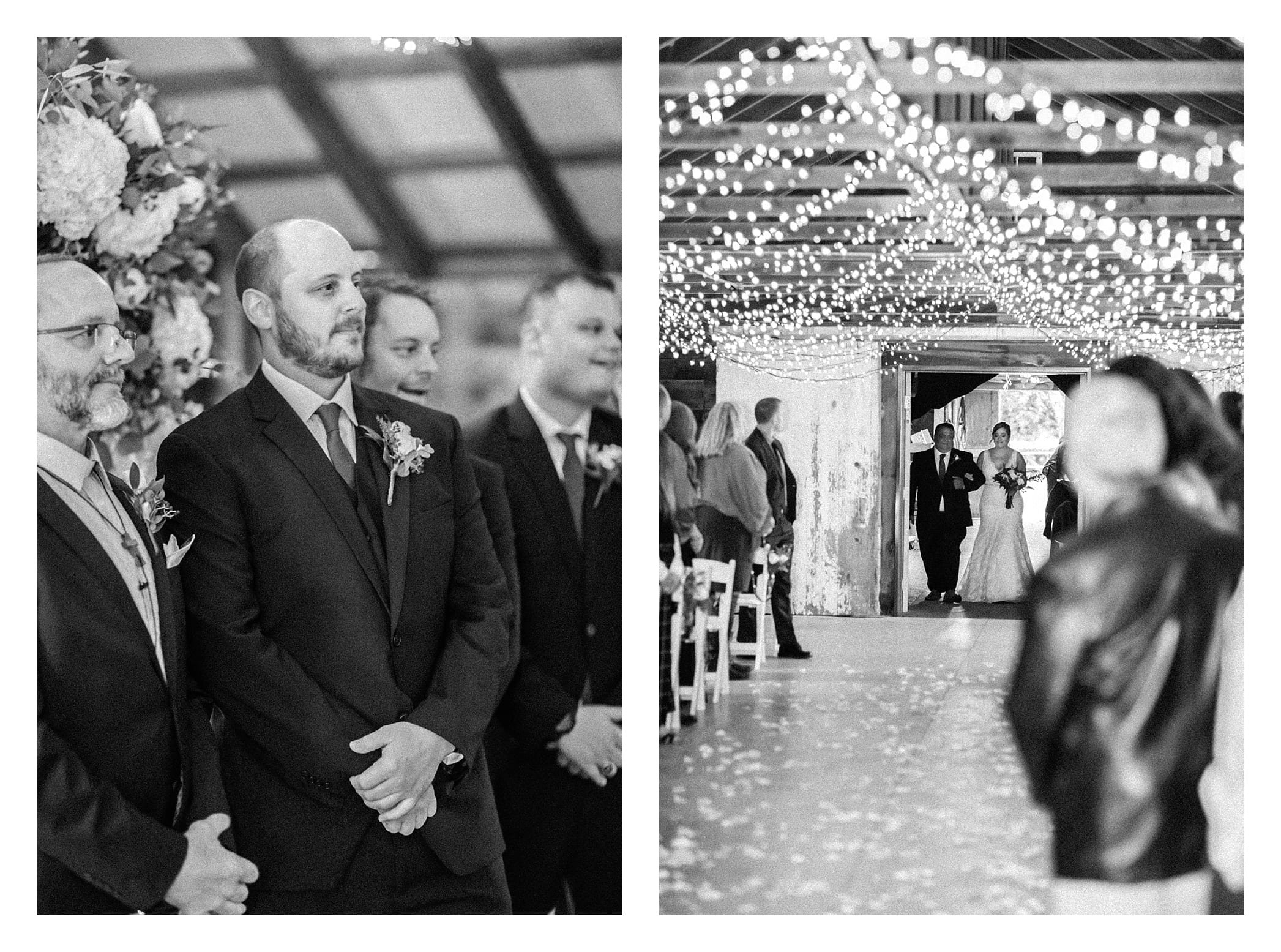 Groom Sees his bride coming down the aisle at their Heritage Prairie Farm wedding