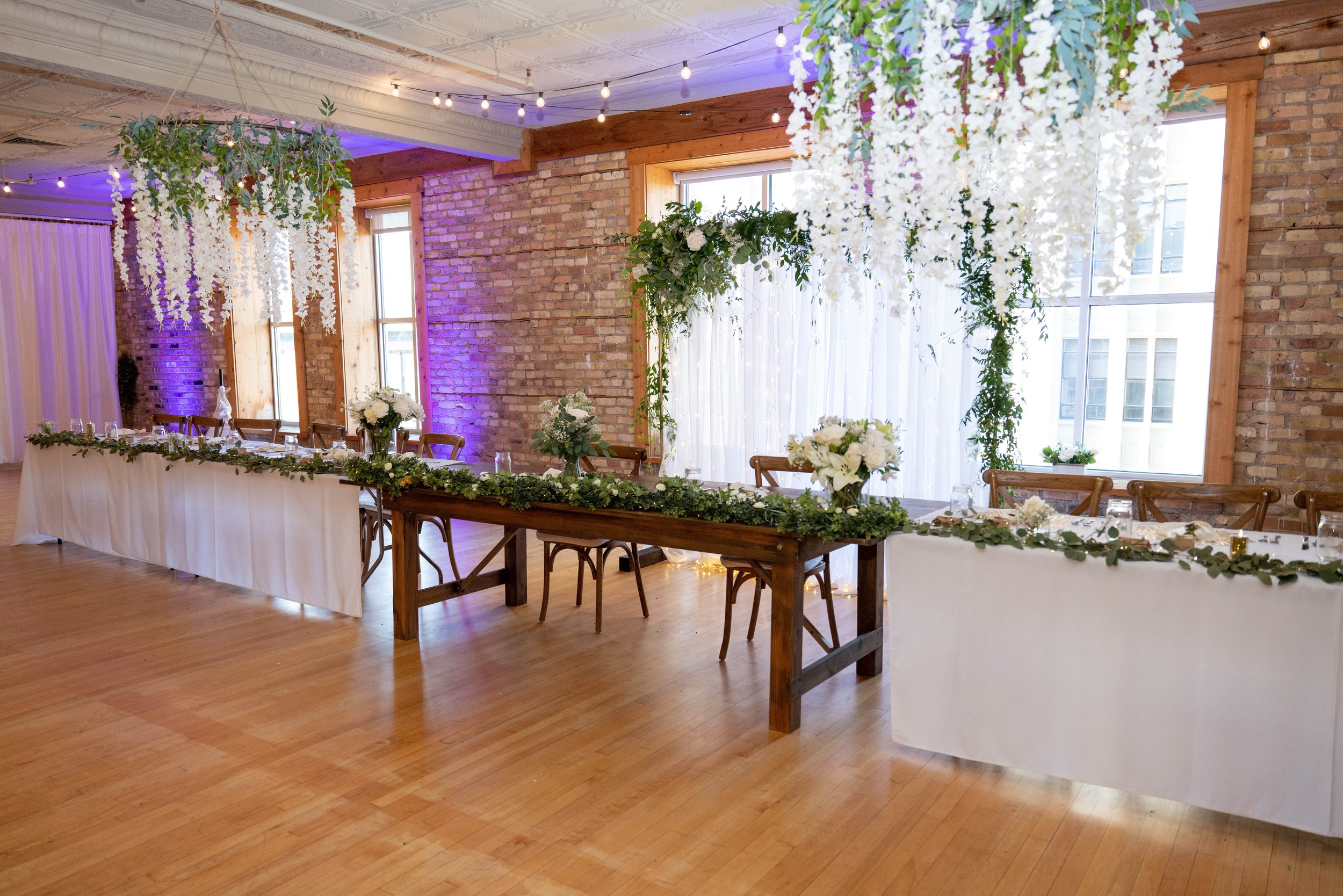 Interior wedding Reception decor at Highland loft wedding venue near Chicago Illinois