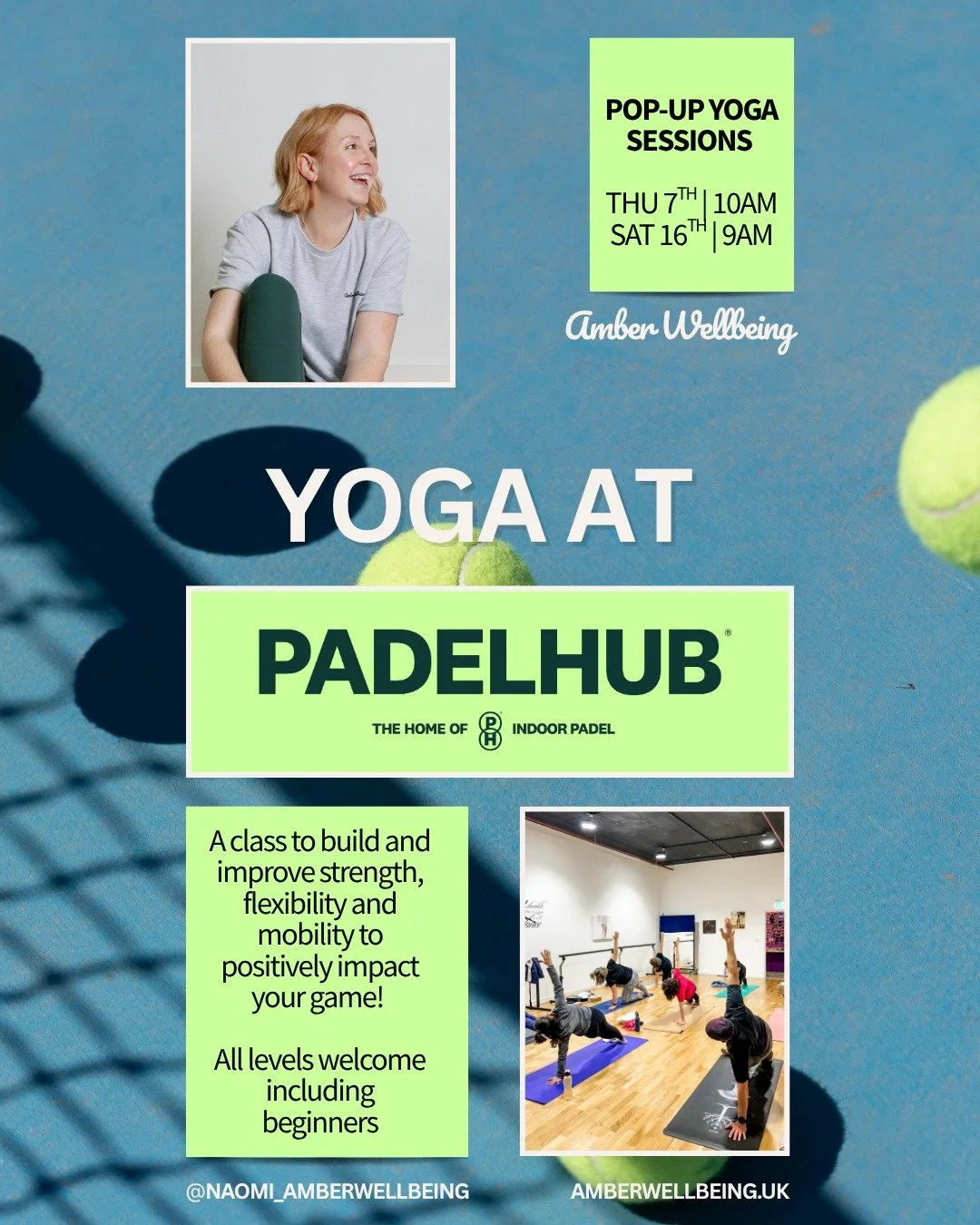 💥Yoga pop-ups at PADELHUB, Fleet 💥

Padelhub is an amazing new venue in Fleet and I'm chuffed to be collaborating with the welcoming team. I'll be running two yoga sessions in May for both the members and our wider community; we'd love to see you t