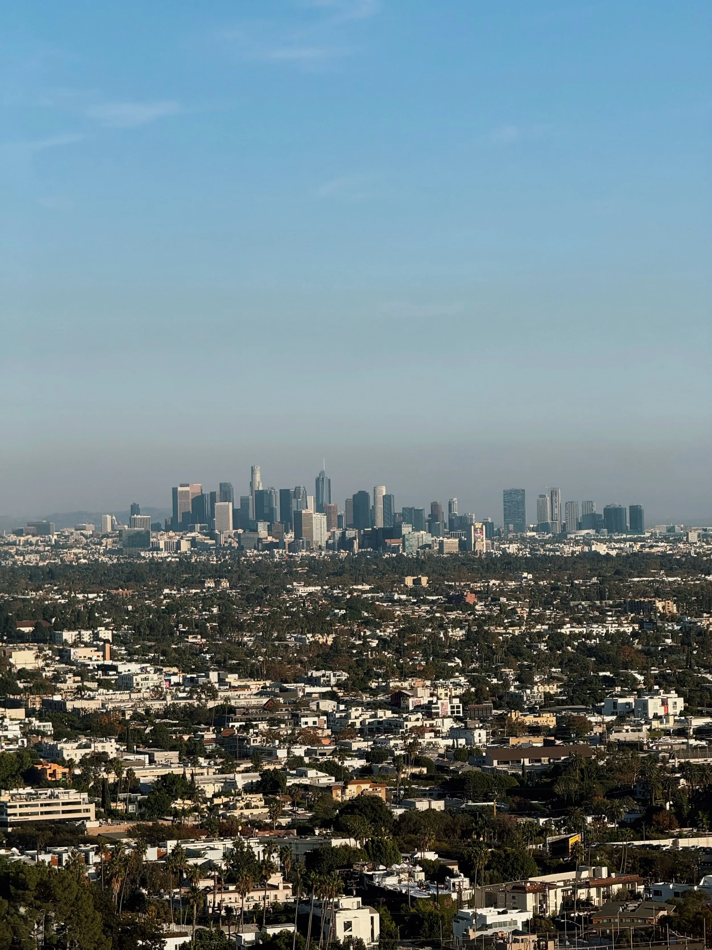 A city skyline viewed from a distance, showing tall skyscrapers and numerous buildings under a clear blue sky.