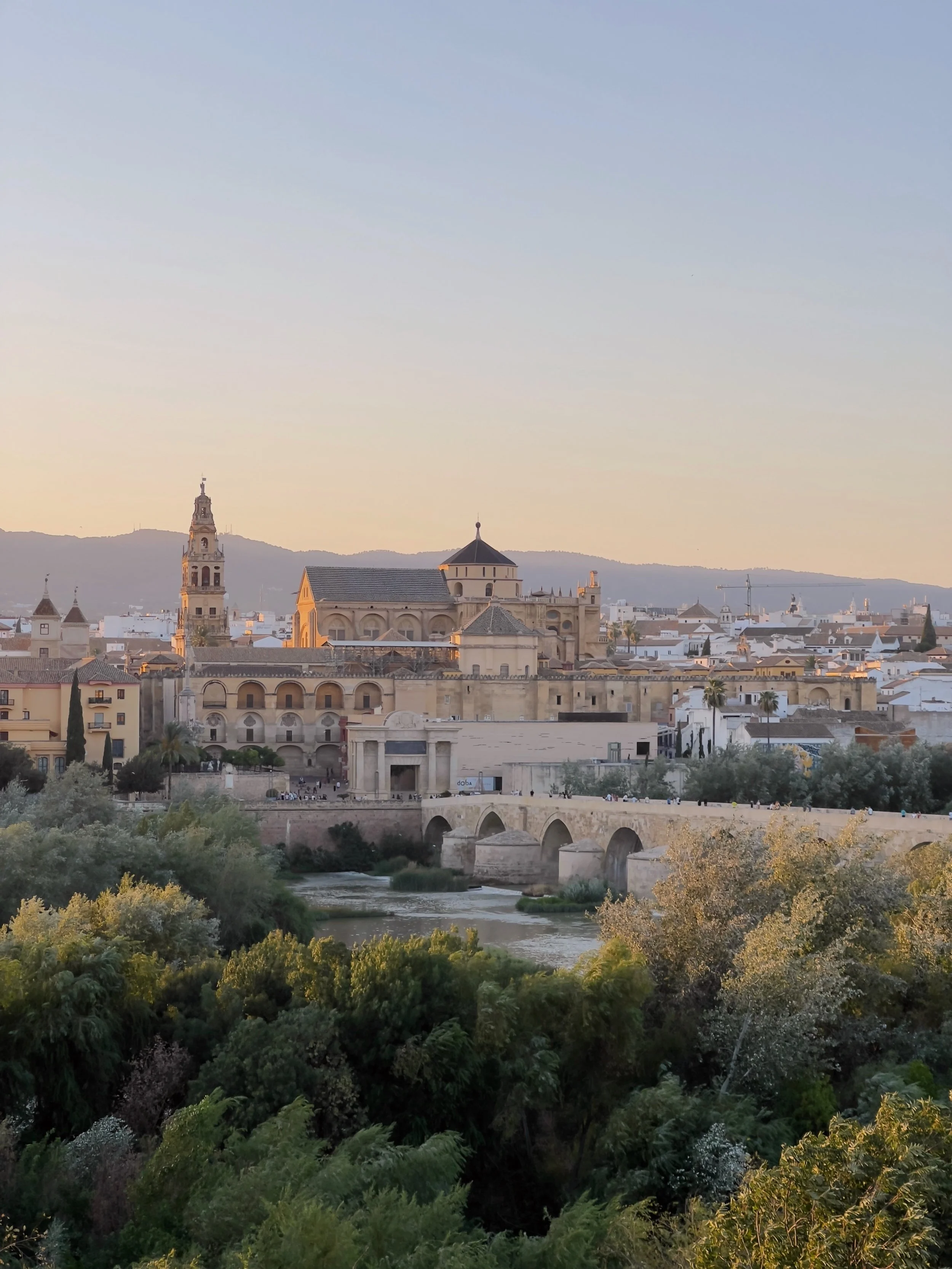 Sunset view of a historic city with a river, old bridges, and a prominent cathedral with a bell tower, surrounded by lush green trees.