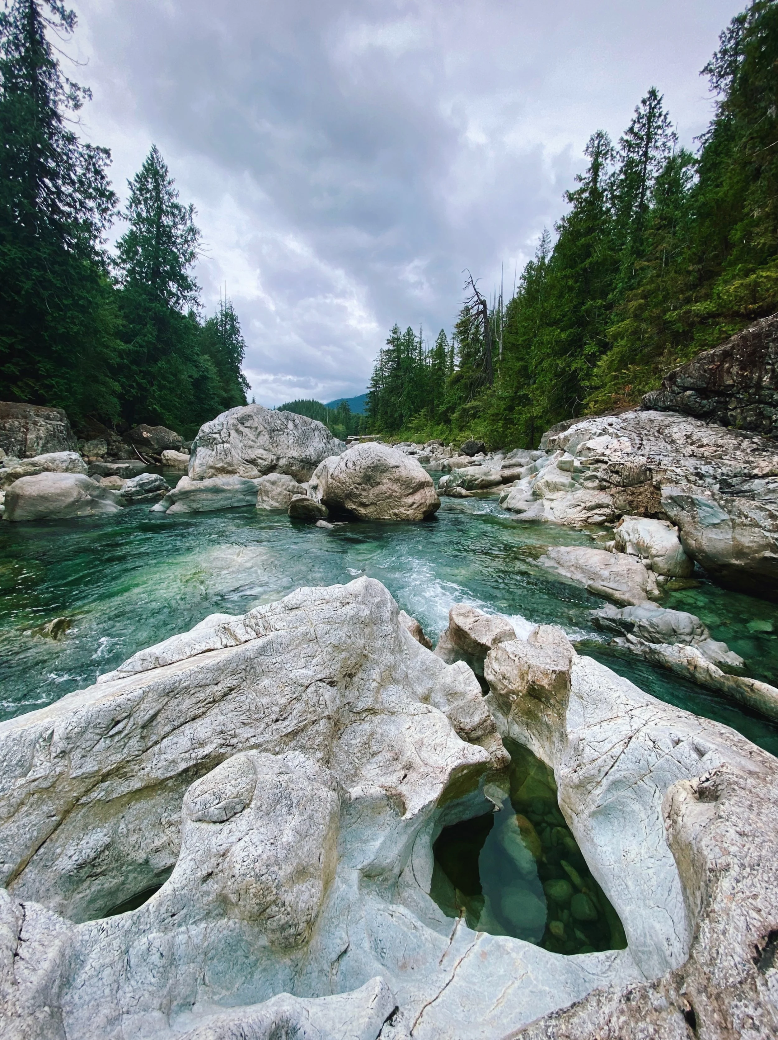 A river flowing through a rocky landscape in a forested area with evergreen trees on either side, and a cloudy sky overhead.