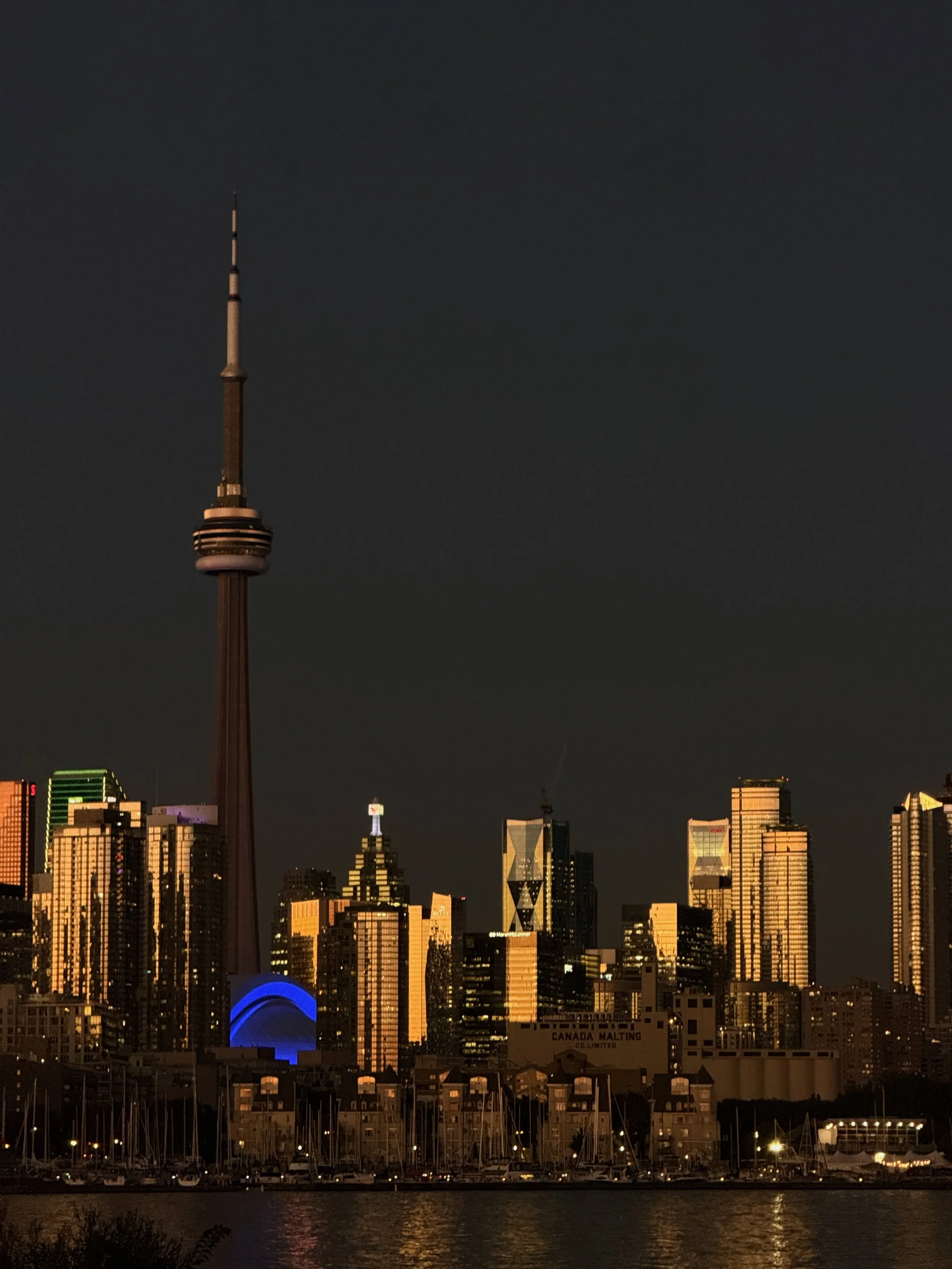 Nighttime view of downtown Toronto skyline with CN Tower illuminated, with boats docked along the water in the foreground.