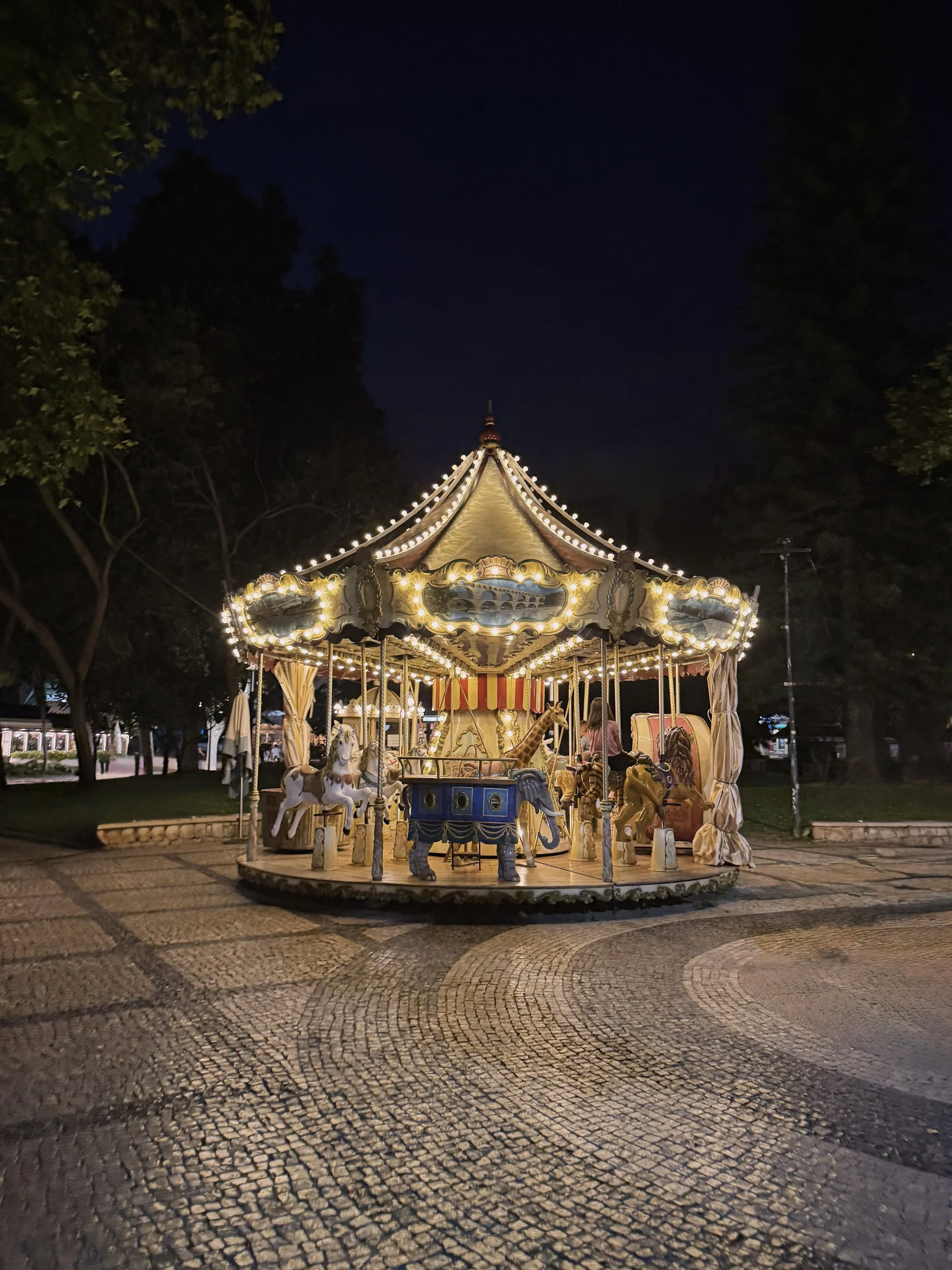 An illuminated vintage carousel with horses and an elephant, set on a cobblestone pavement at night, surrounded by trees.