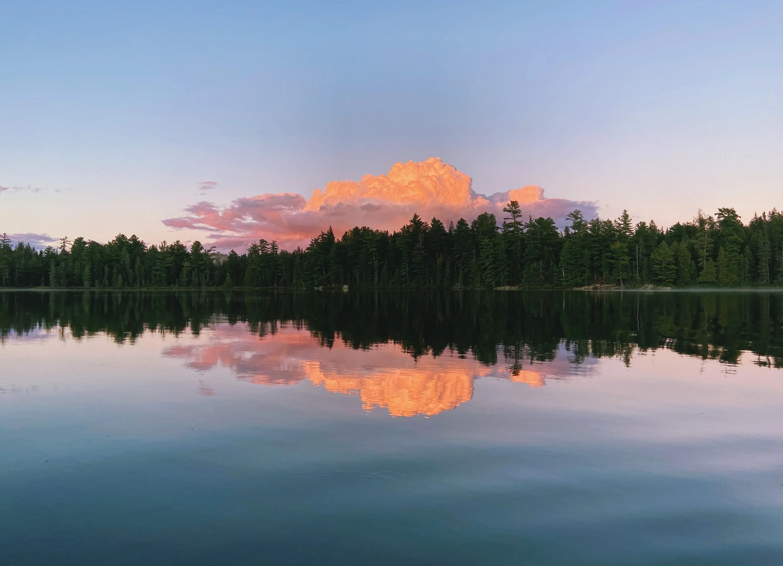 Calm lake reflecting green pine trees and a pink and orange clouded sky at sunset.