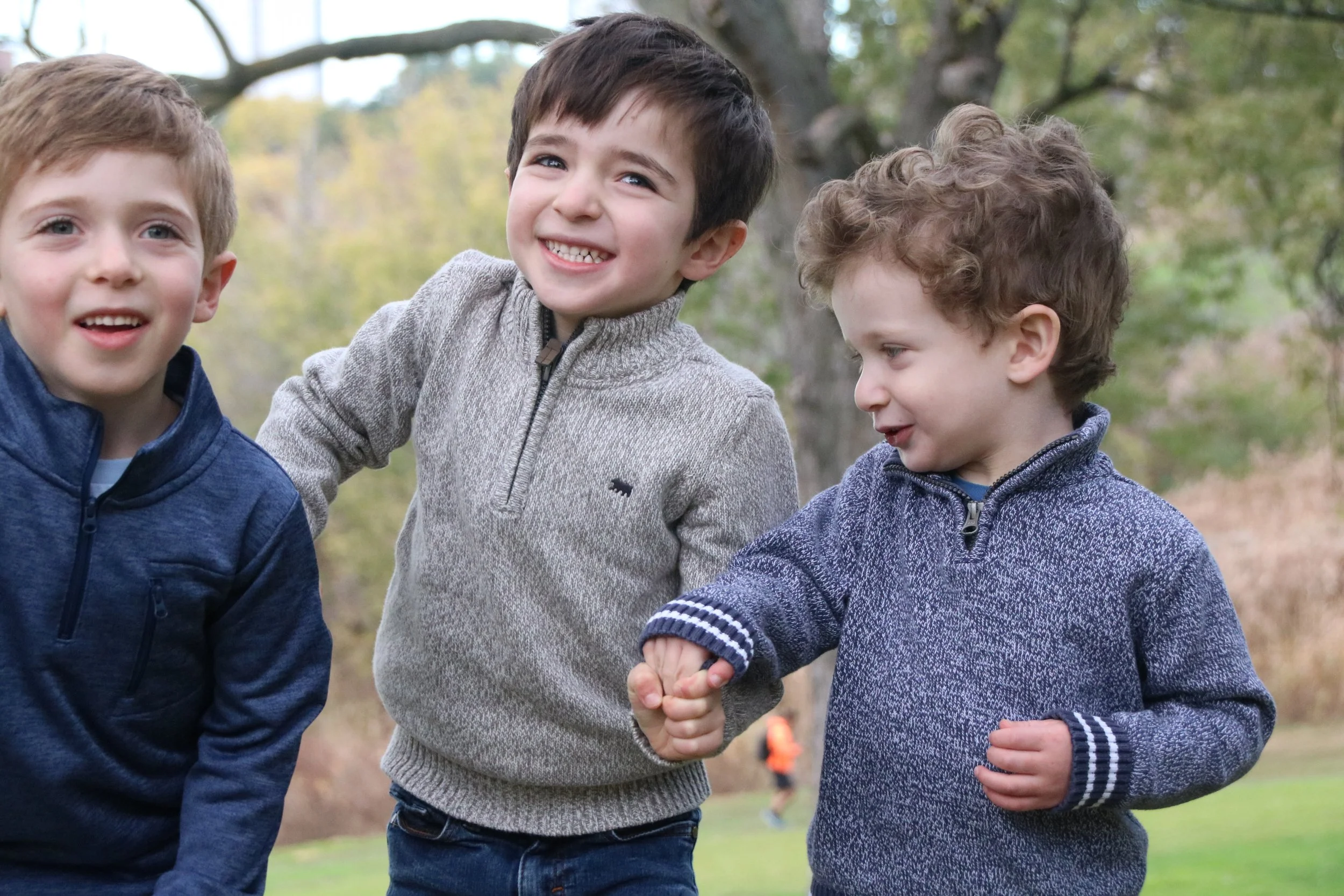 Three young boys outdoors in a park during daytime, smiling and holding hands, with trees and blurry background in autumn.