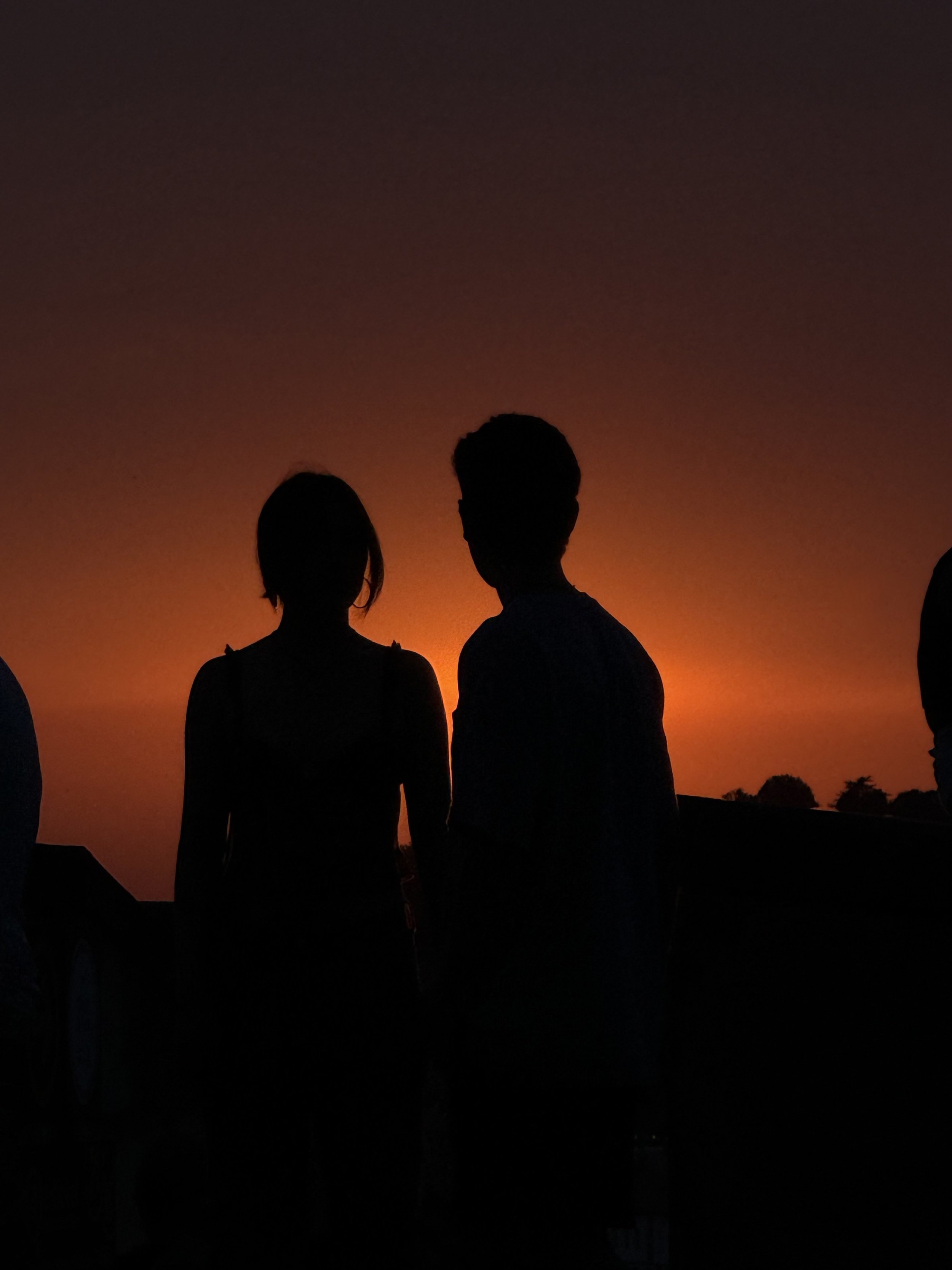 Silhouettes of a woman and a man standing together during sunset.