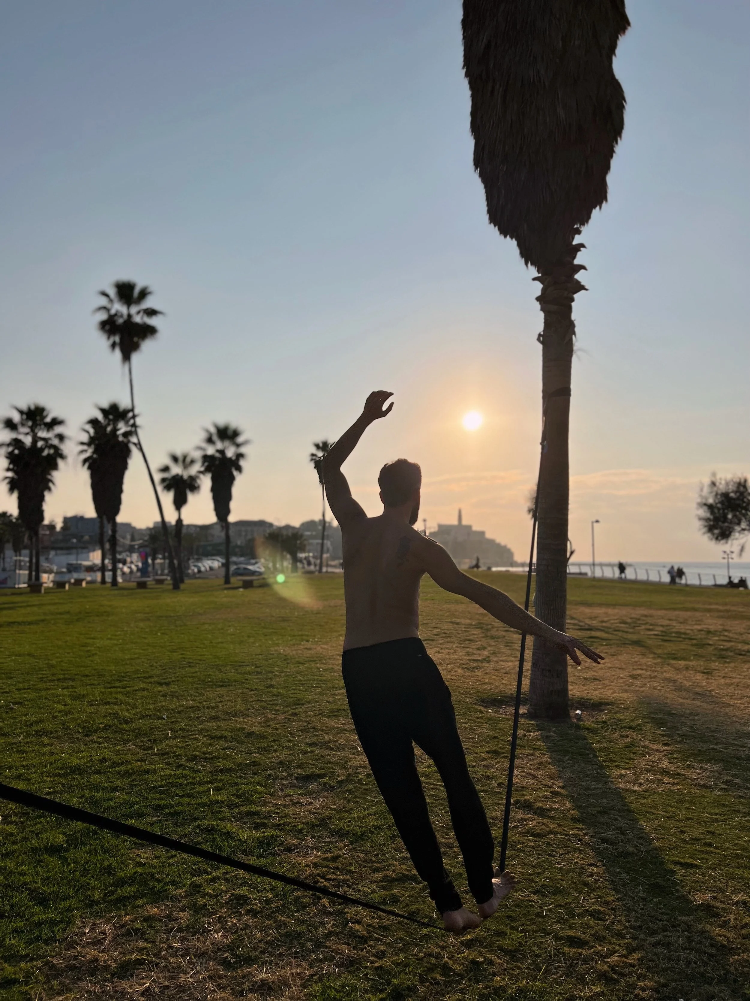 A shirtless man balancing on a slackline between two palm trees during sunset in a park.
