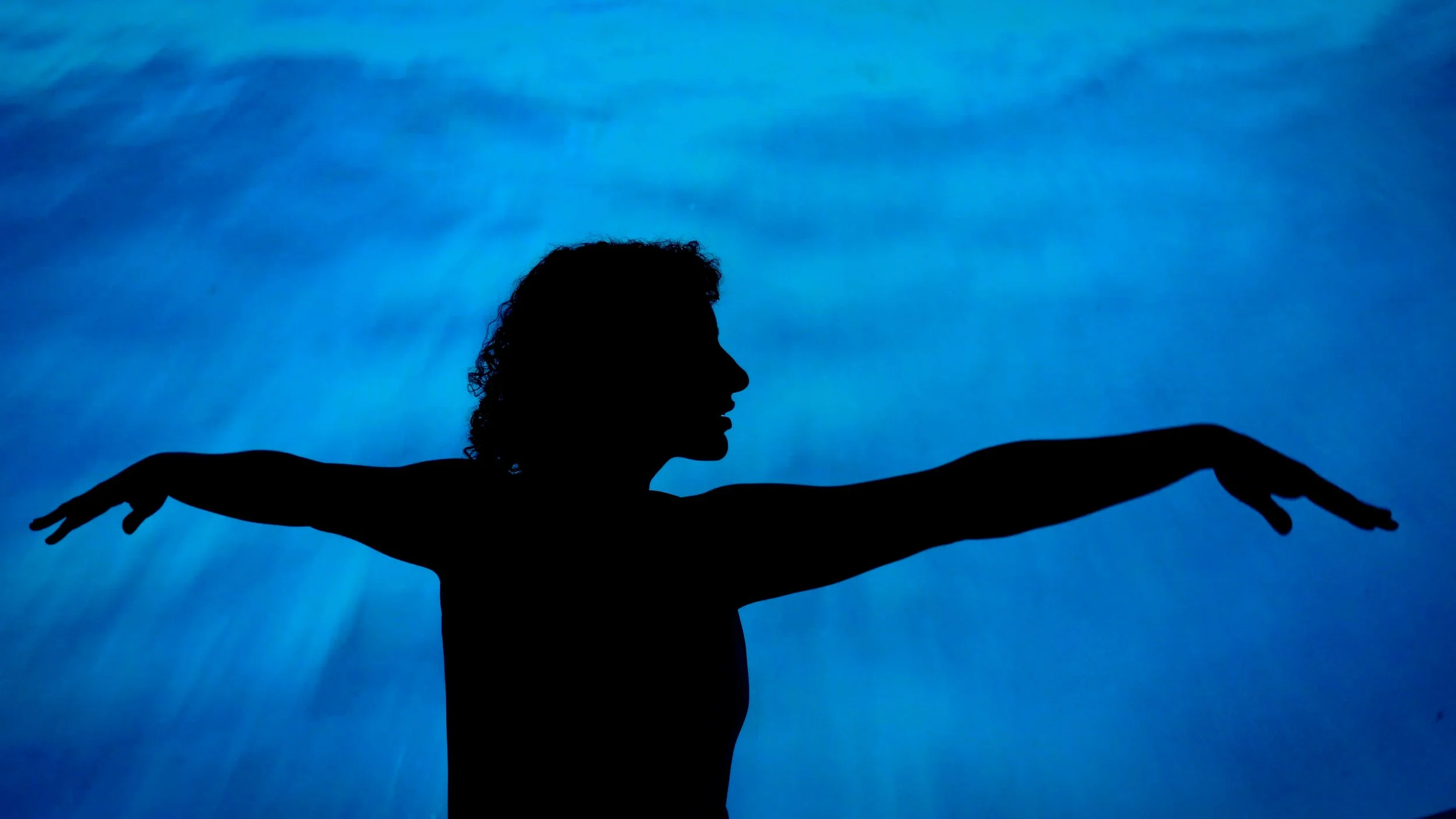 Silhouette of a woman with arms outstretched, set against a background that resembles water or sky with blue hues.