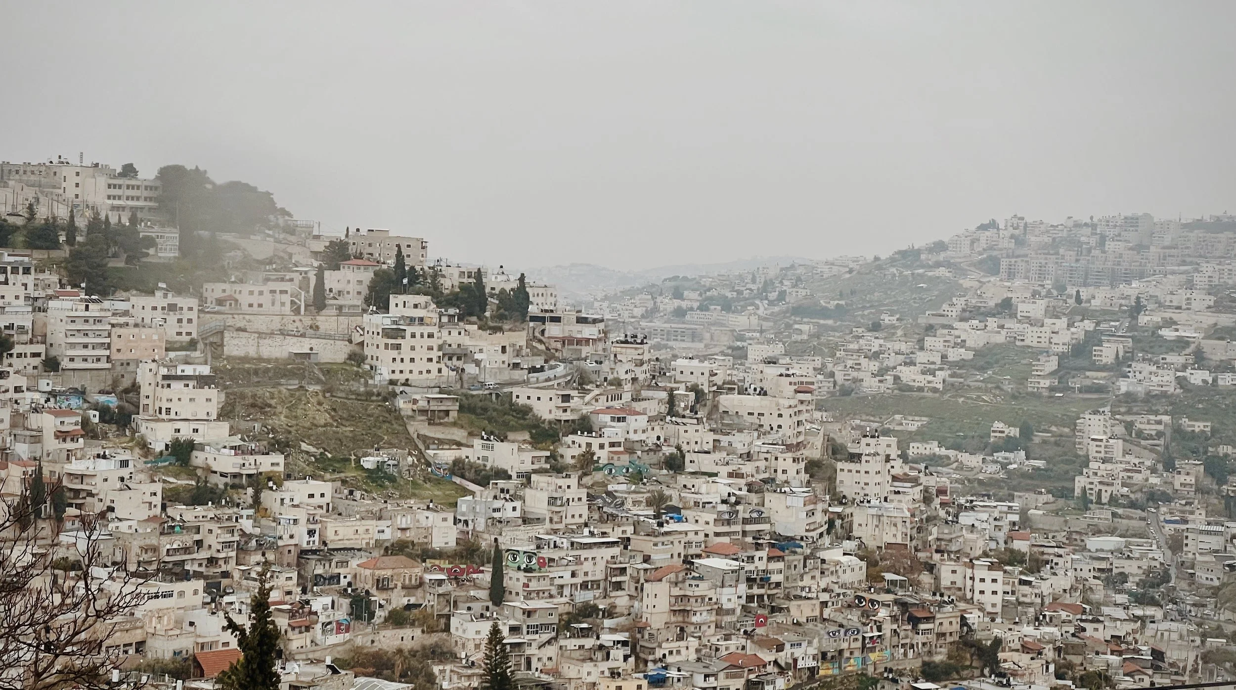 A hillside cityscape with numerous white buildings and houses scattered along the slope, under an overcast sky.