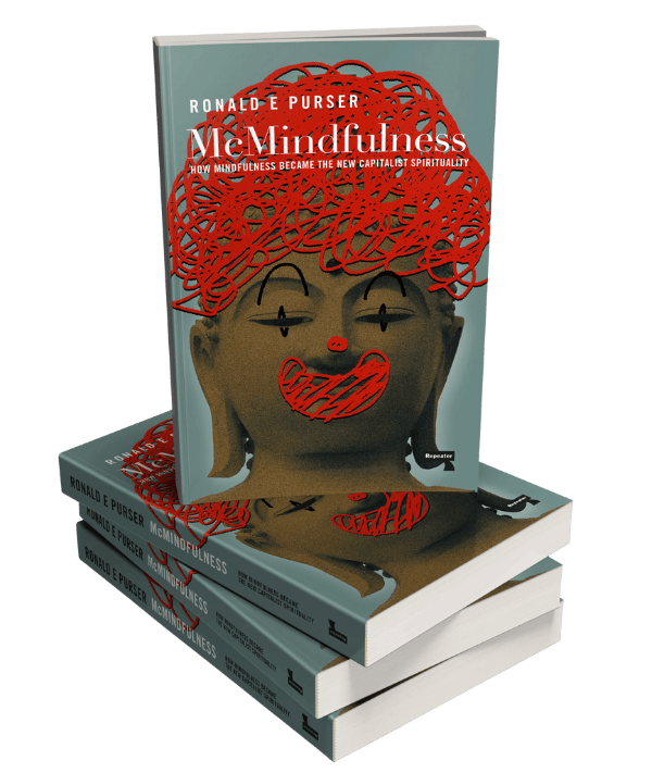 A stack of three books with a cover featuring a woman with sunglasses, earrings, and a red hair doodle. The book title is 'McMindfulness' by Ronald E Purser.