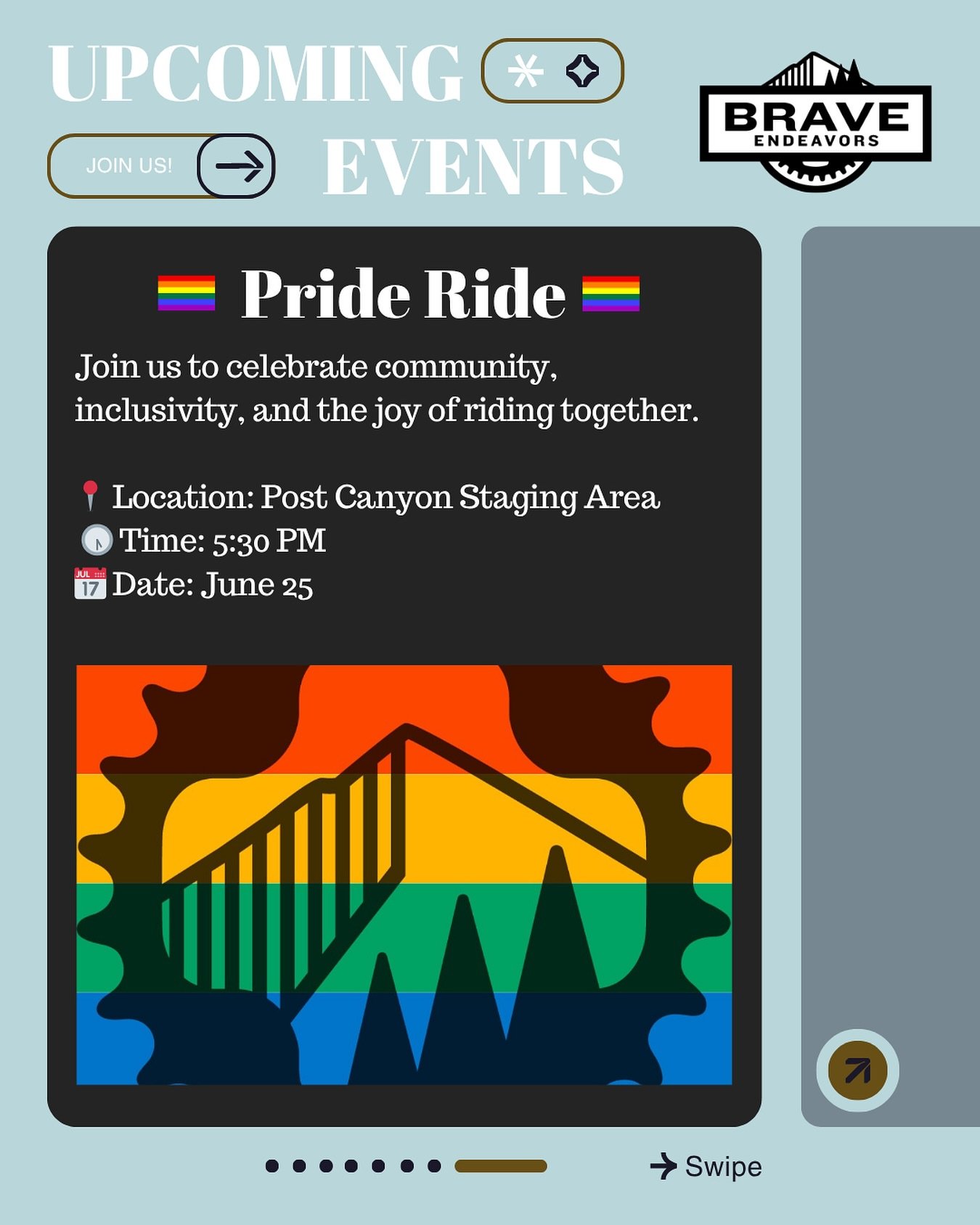 🚵&zwj;♀️🏳️&zwj;🌈Pride Ride 🚵&zwj;♀️🏳️&zwj;🌈

Join us Wed, June 25th for an all inclusive Pride Ride! 

We will meet at the very bottom of Post Canyon (where the gravel meets the road) at 5:30pm. 

This is a no drop ride, but expect to ride 6-10