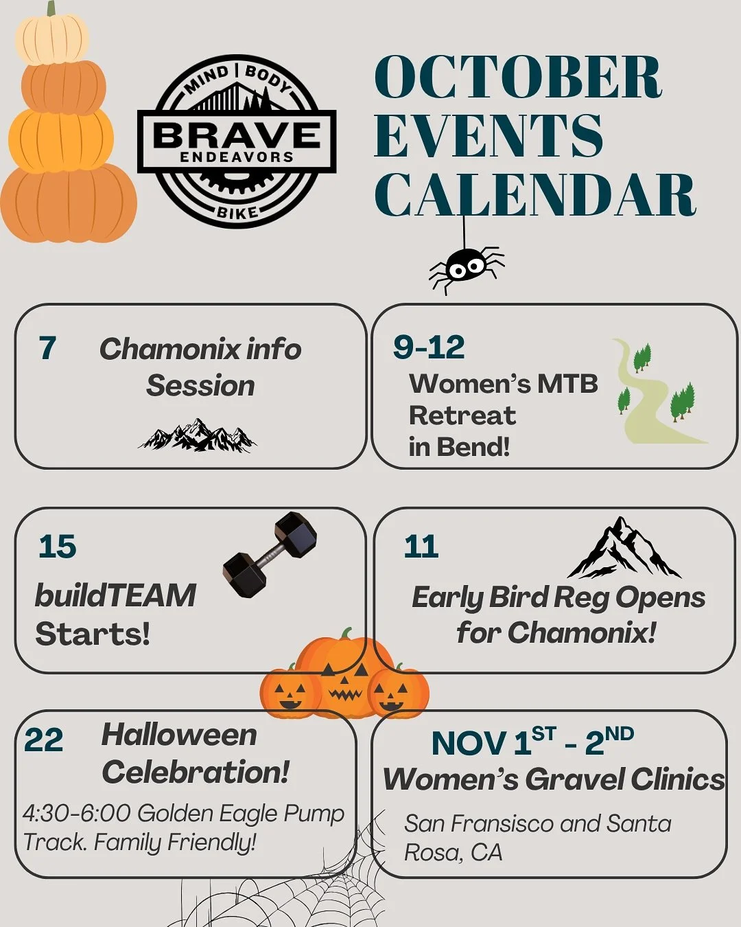Oh hello October! 

What do we have in store other than Pumpkins 🎃 and Candy corn?

So much fun stuff! 🤩

Let me know which event you&rsquo;re most excited about! ⬇️⬇️

#mtb #bravendeavors