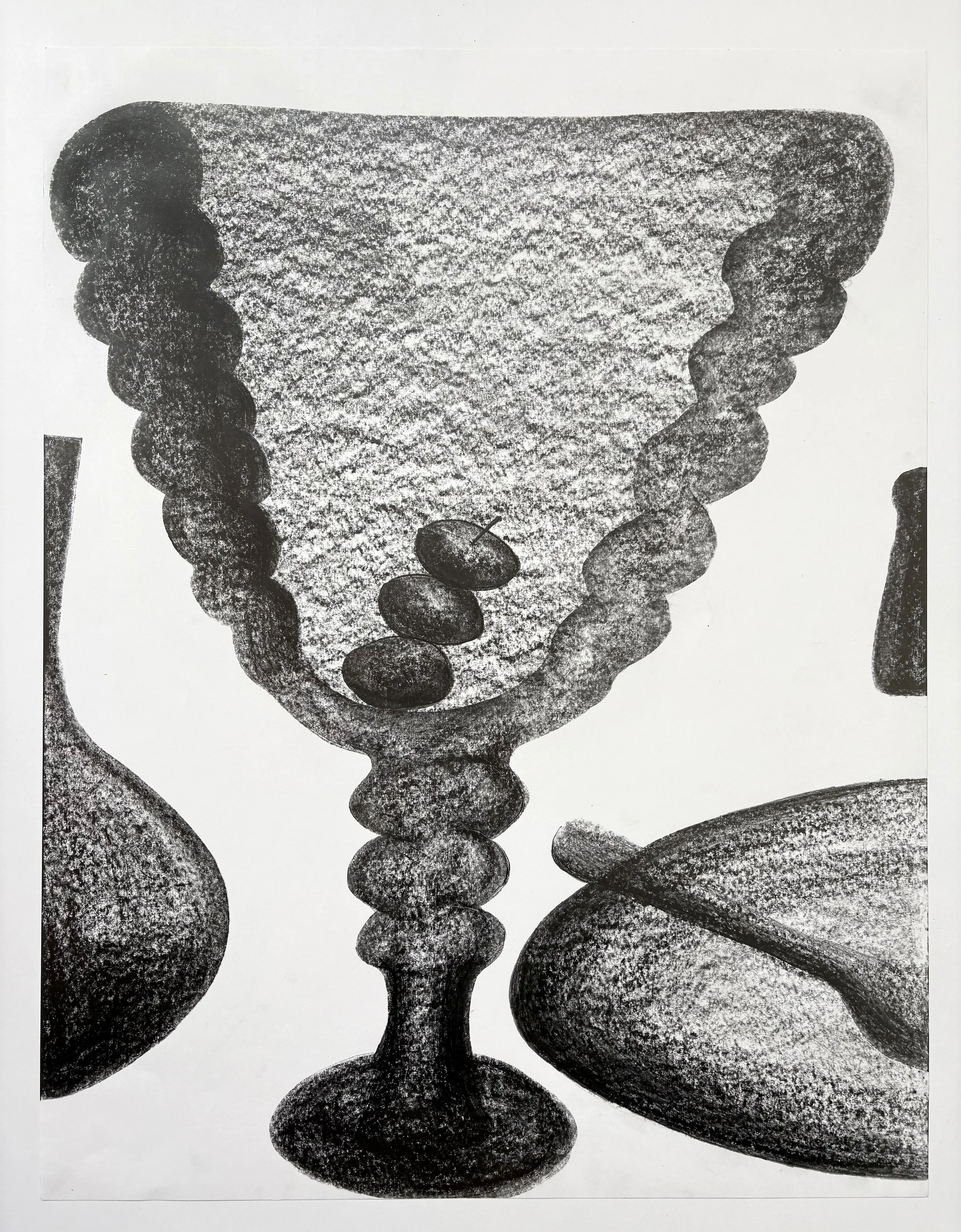    Three Olives,   2026. Pencil on paper. 65 × 50 cm. 