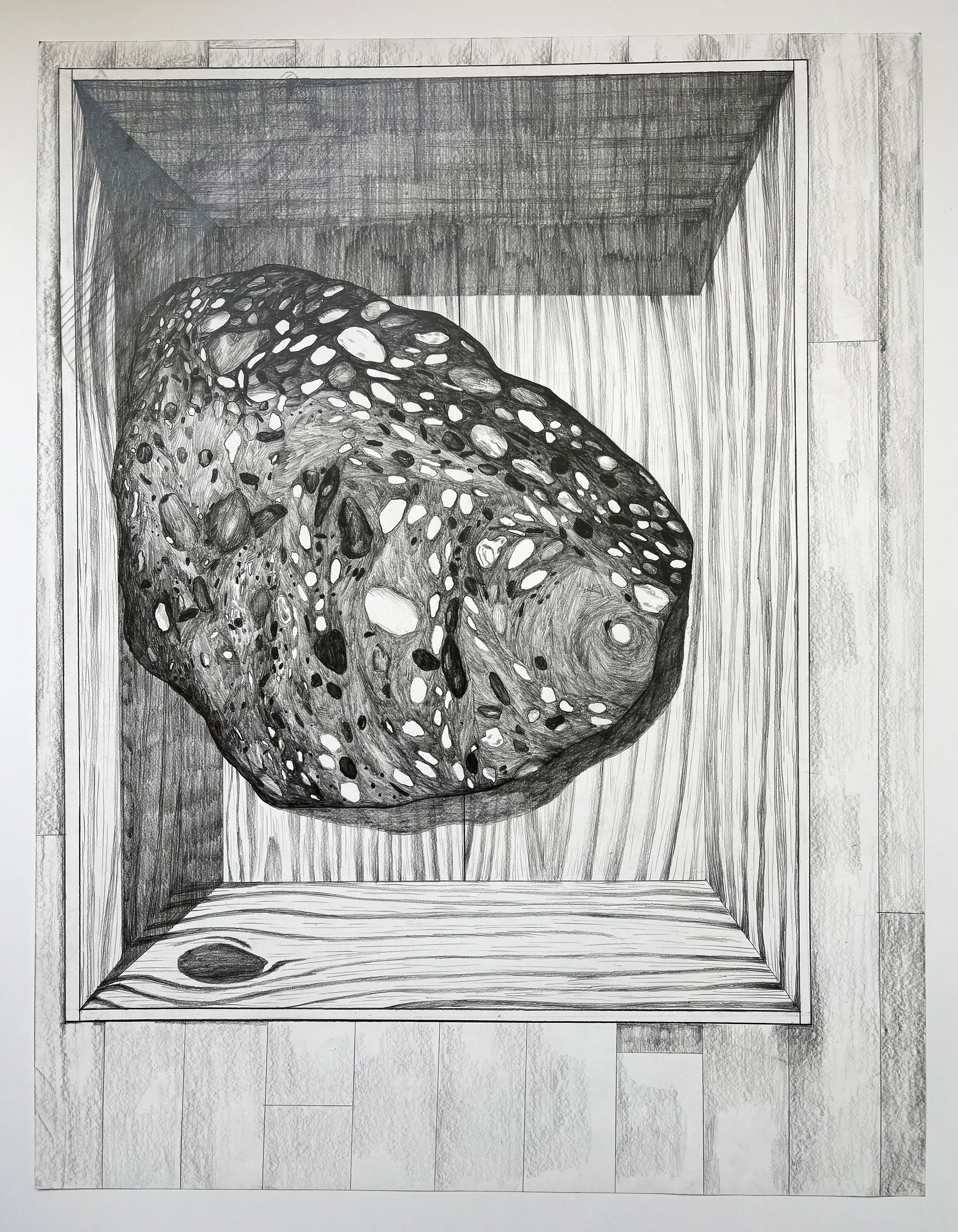    Rock in a box,   2026. Pencil on paper. 65 × 50 cm. 