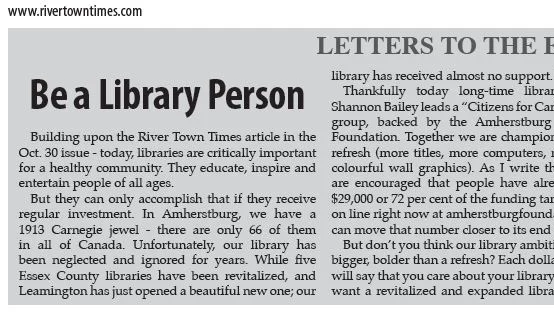 Be a Library Person - Letter to the Editor- River Town Times, November 6, 2019