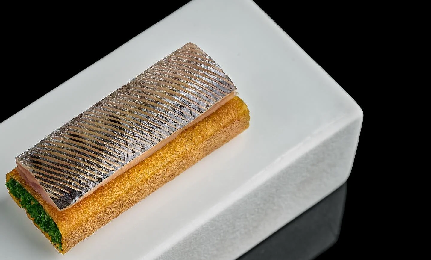 Dosa | Sardine | Aloo Masala 

Dosa reimagined. 🇮🇳 
This dish takes inspiration from the classic South Indian breakfast, Masala Dosa. Lentil batter forms the base, filled with spiced aloo masala, brightened by coriander stem and ginger, and lifted 