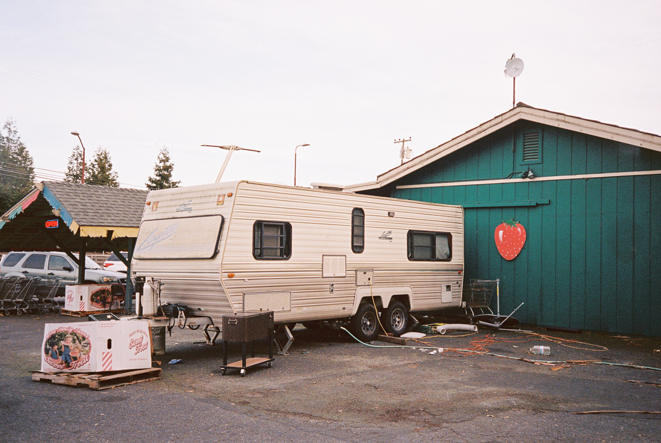 Trailer behind fruit stand (shot on 35mm film)