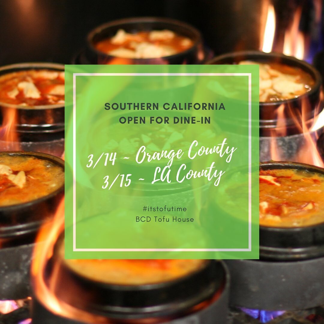 Get excited. BCD California locations are reopening for indoor dining at 25% capacity! 

Today is the first day of dine-in at Orange County in California, and LA County will join them tomorrow, Moday 3/15 #itstofutime