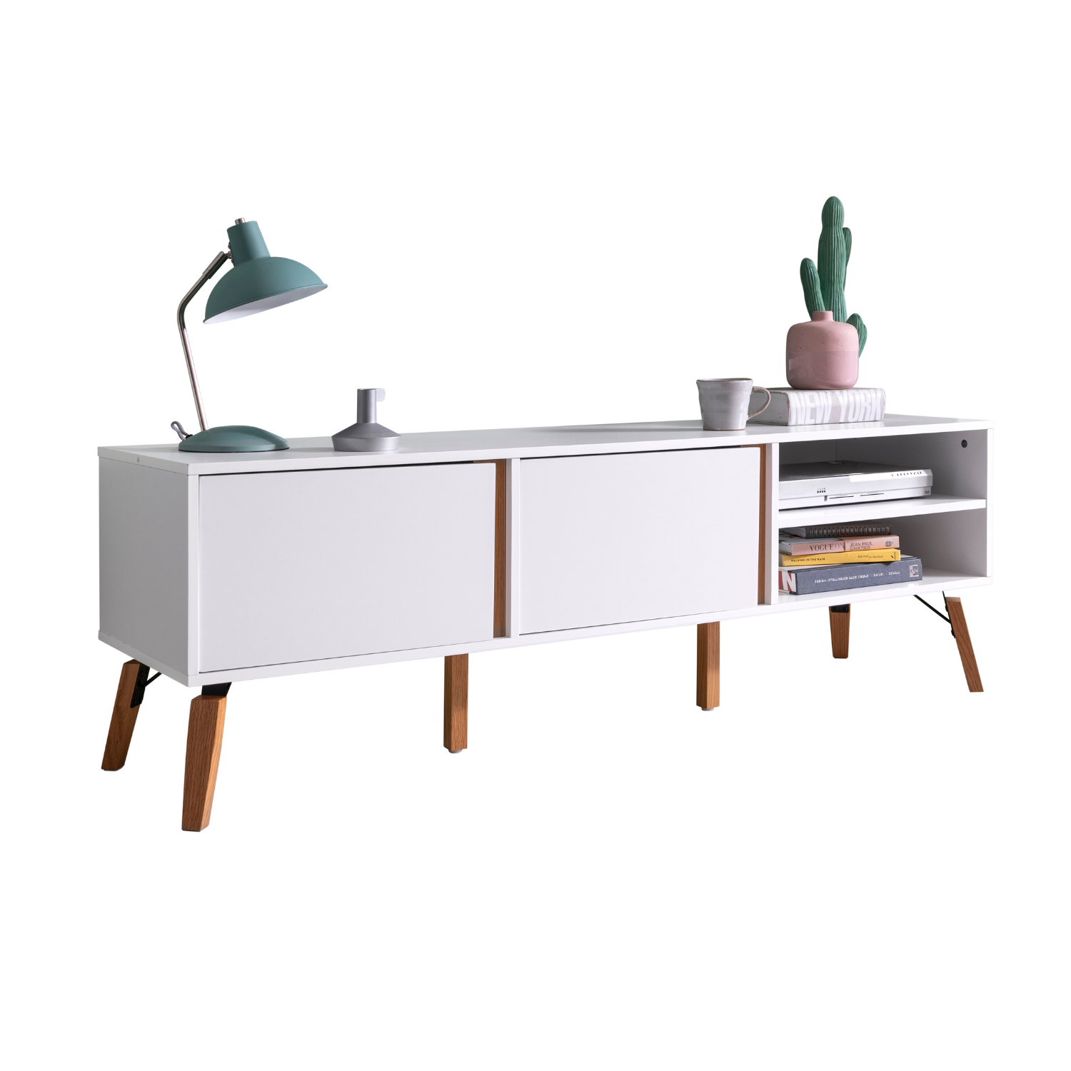 White TV Unit With Pine Legs